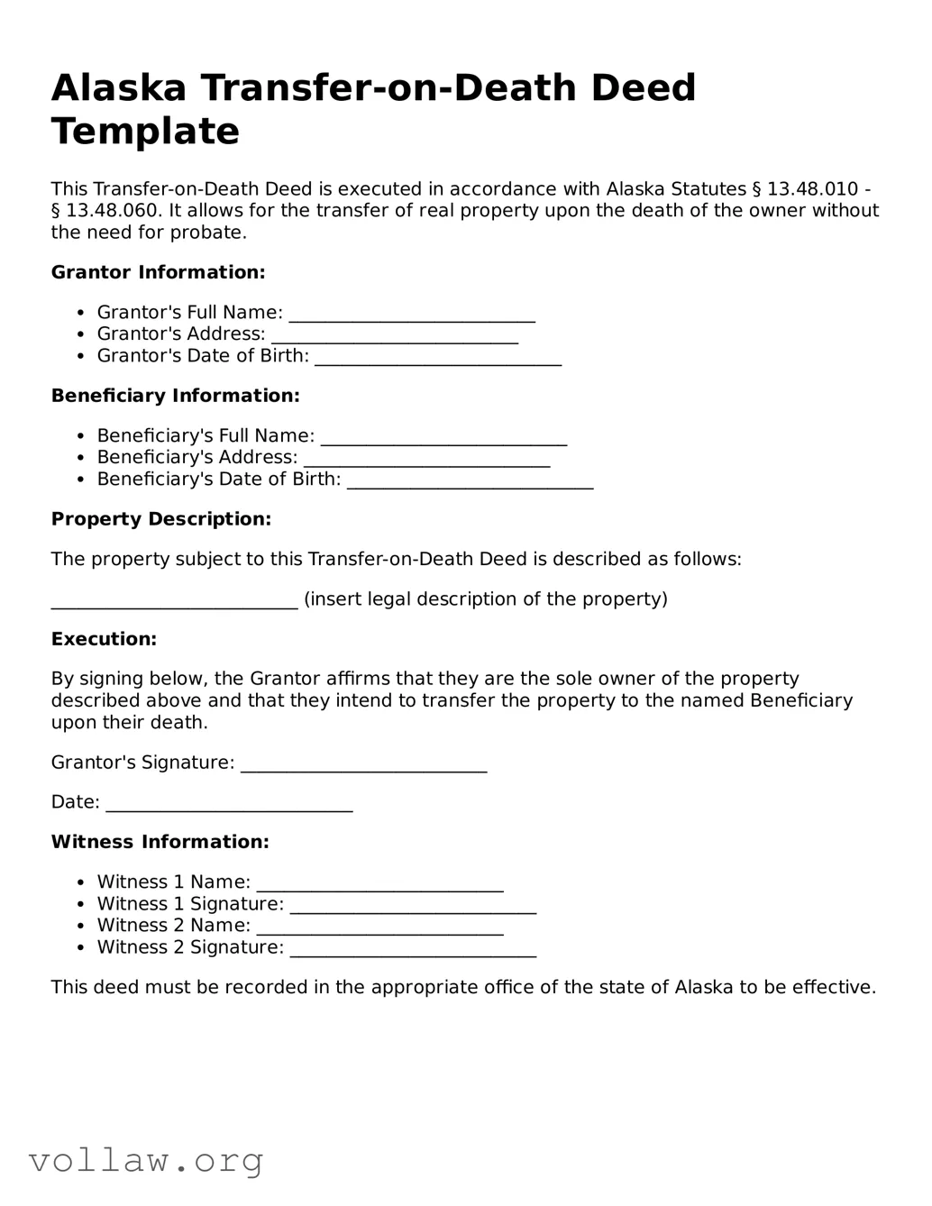 Attorney-Verified  Transfer-on-Death Deed Form for Alaska