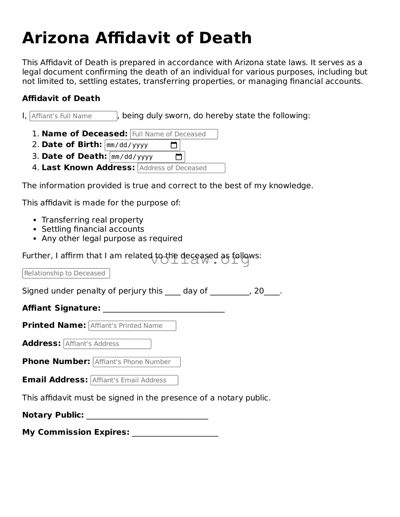 Attorney-Verified  Affidavit of Death Form for Arizona