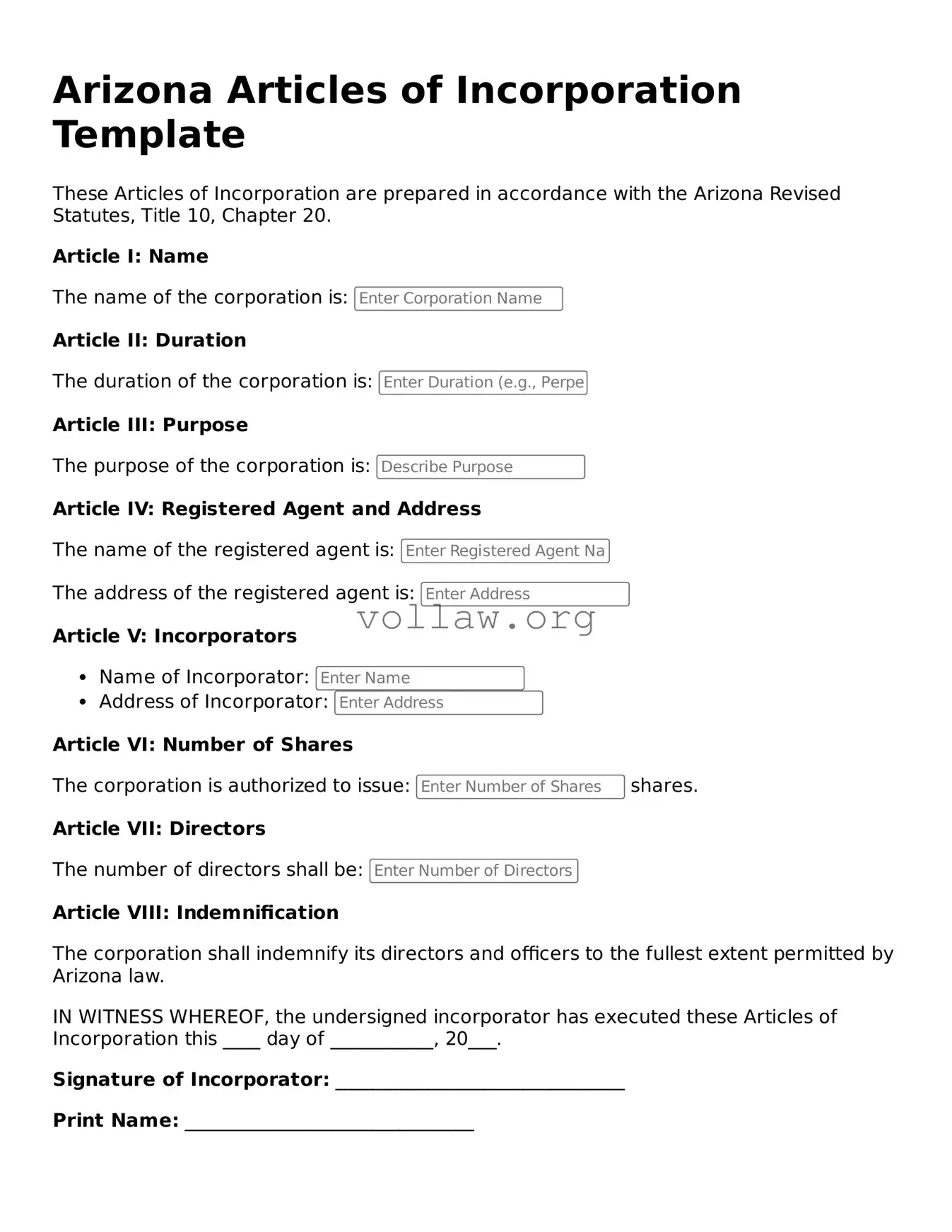 Attorney-Verified  Articles of Incorporation Form for Arizona