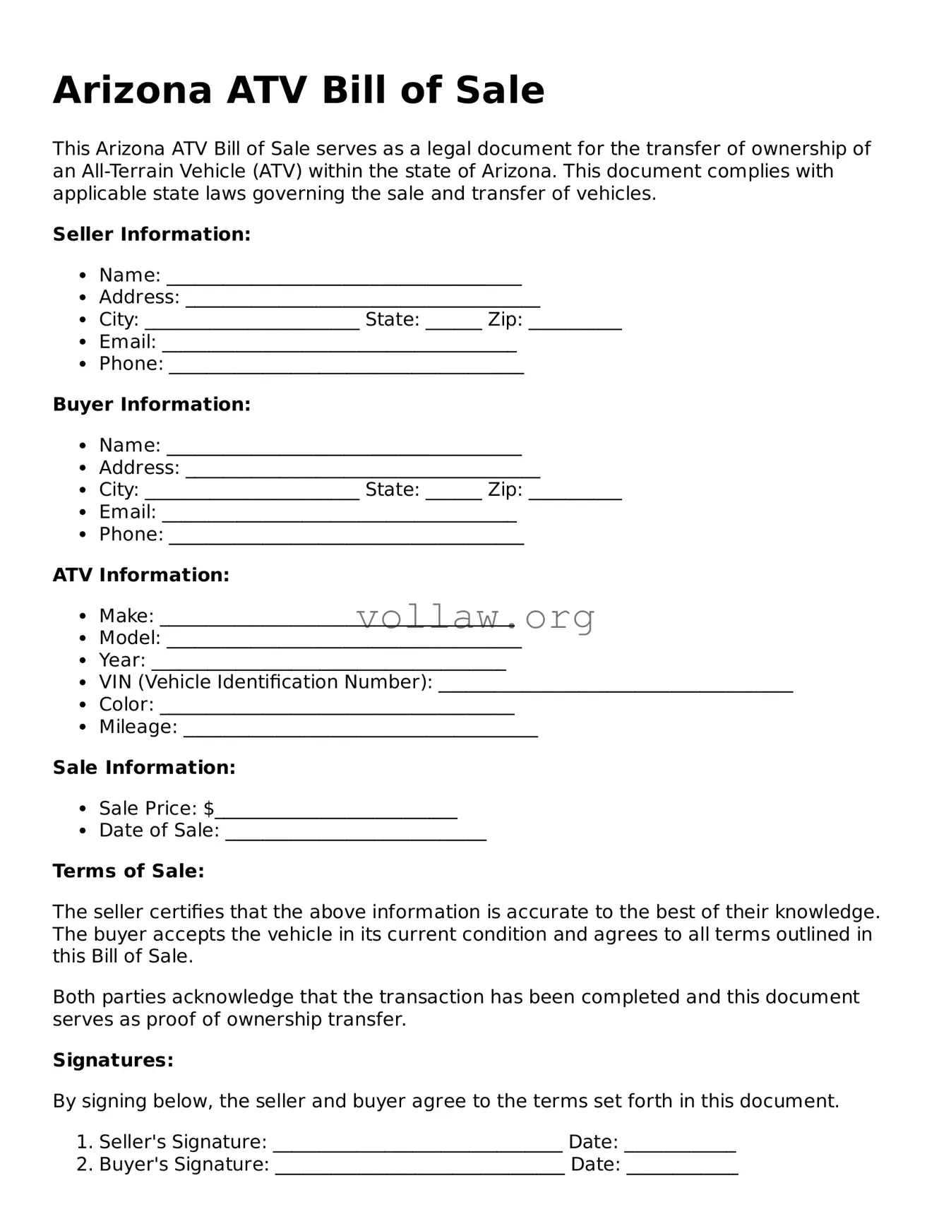 Attorney-Verified  ATV Bill of Sale Form for Arizona