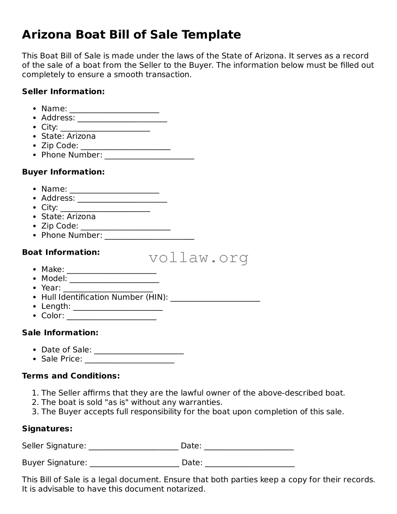 Attorney-Verified  Boat Bill of Sale Form for Arizona
