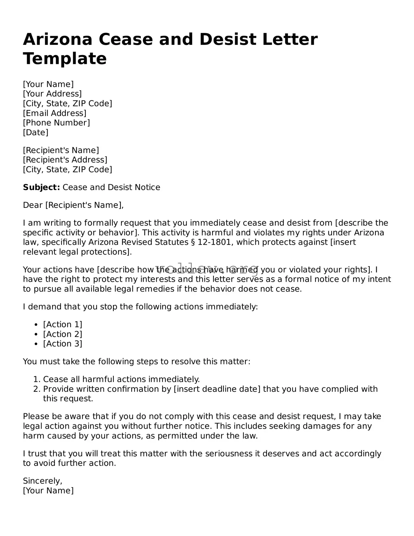 Attorney-Verified  Cease and Desist Letter Form for Arizona