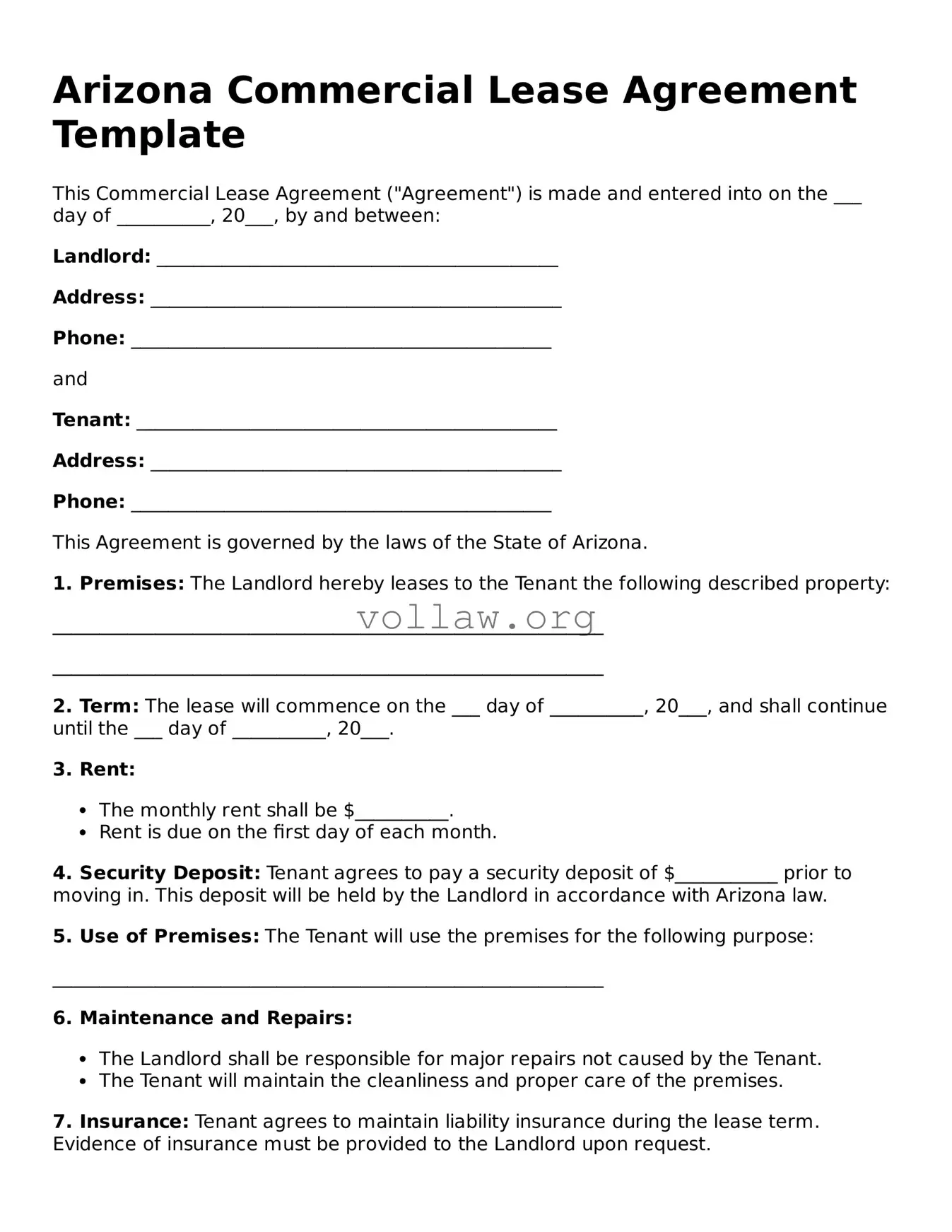 Attorney-Verified  Commercial Lease Agreement Form for Arizona