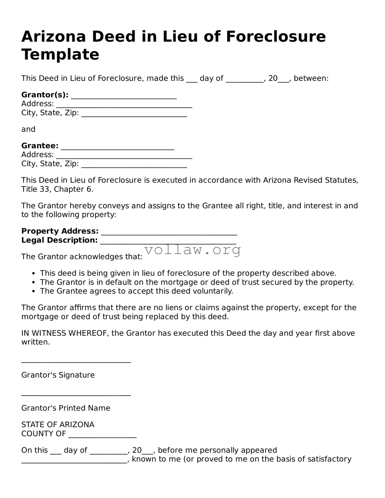 Attorney-Verified  Deed in Lieu of Foreclosure Form for Arizona