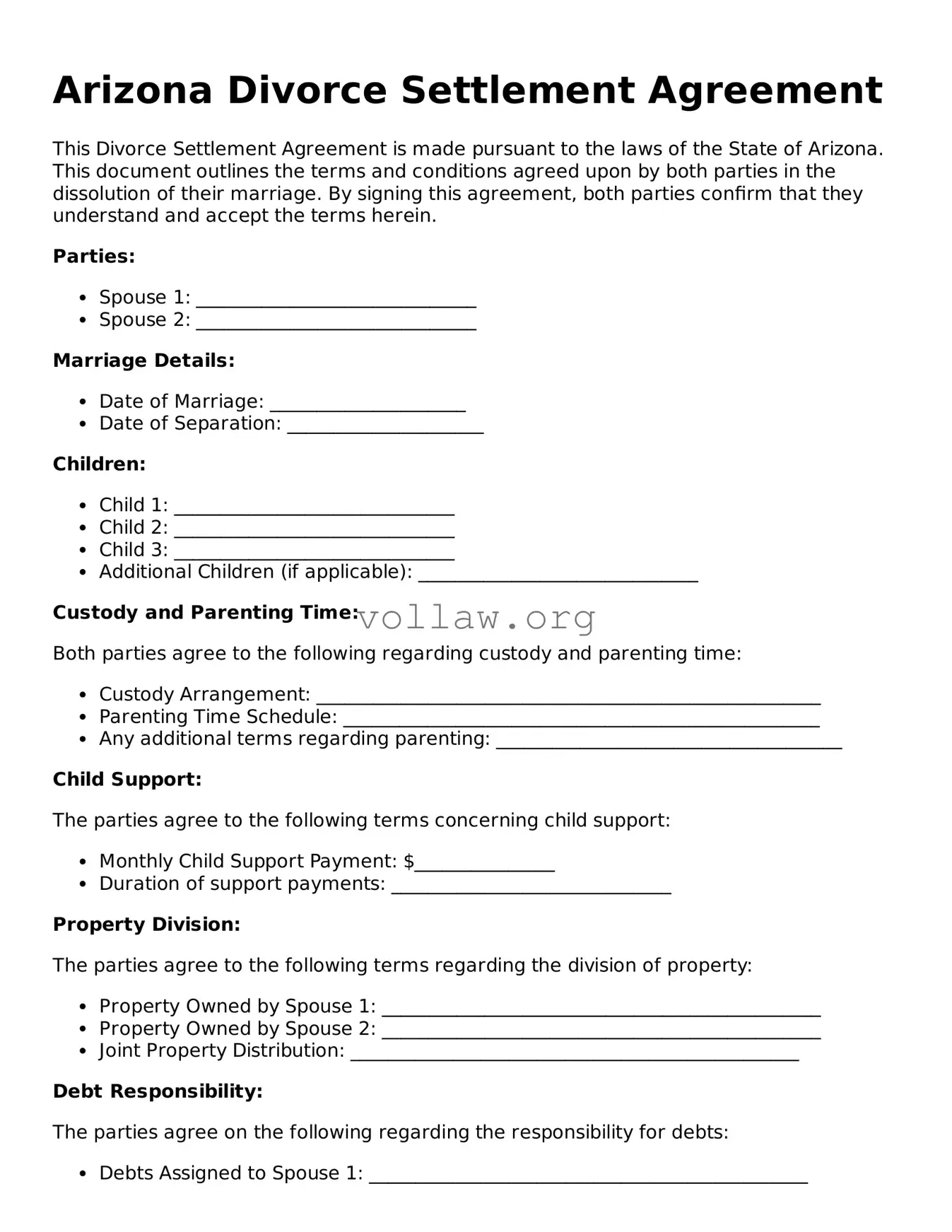 Attorney-Verified  Divorce Settlement Agreement Form for Arizona
