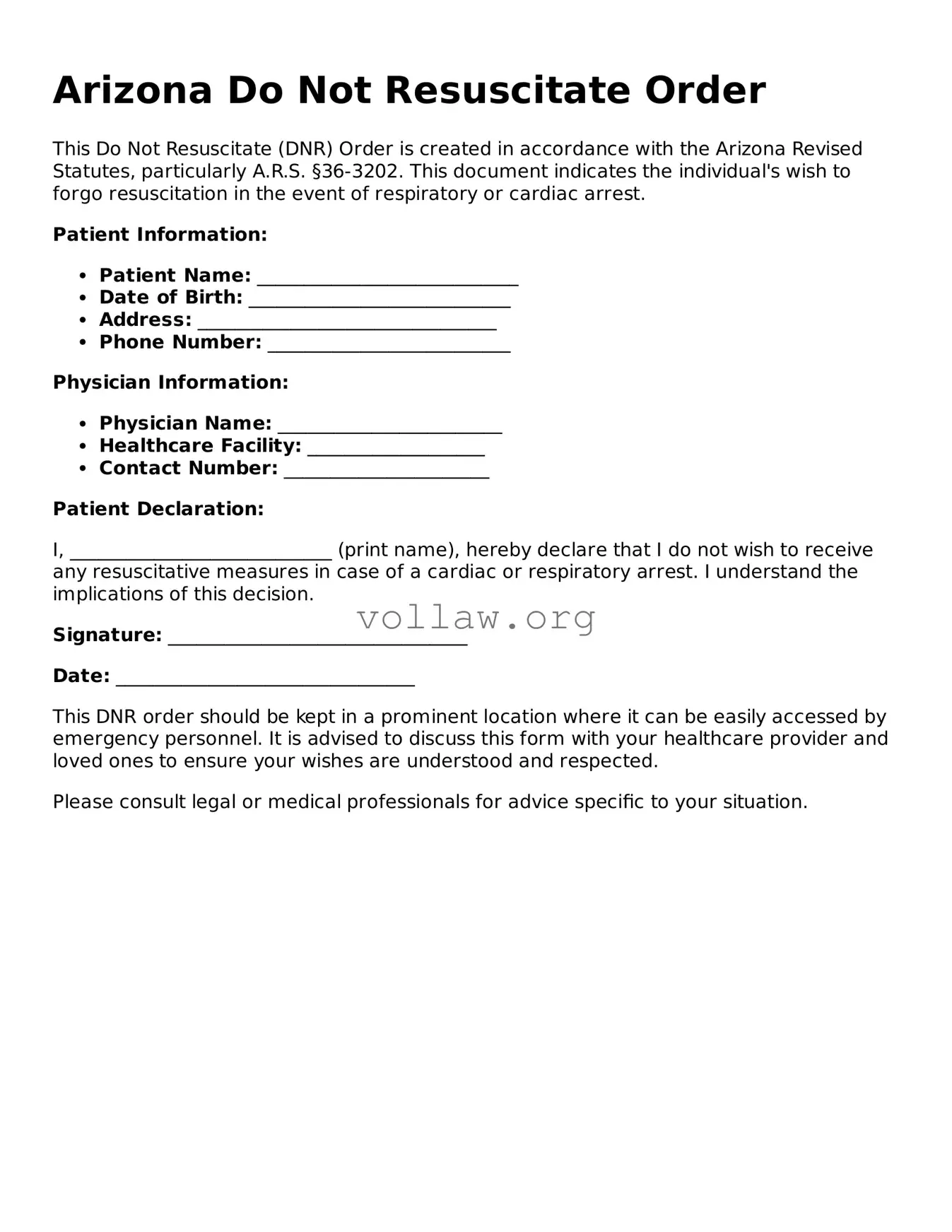 Attorney-Verified  Do Not Resuscitate Order Form for Arizona