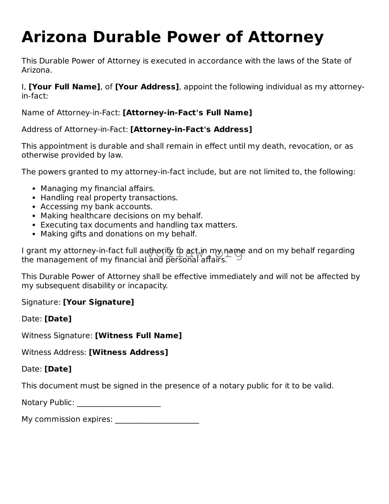 Attorney-Verified  Durable Power of Attorney Form for Arizona