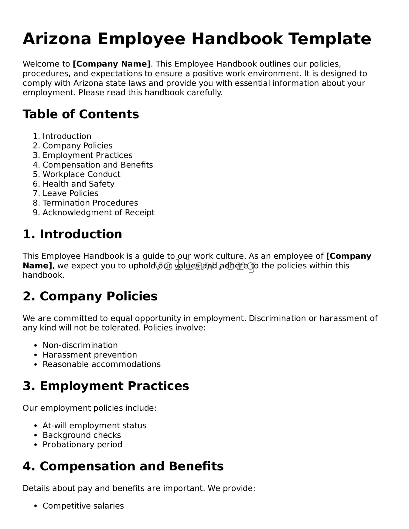 Attorney-Verified  Employee Handbook Form for Arizona