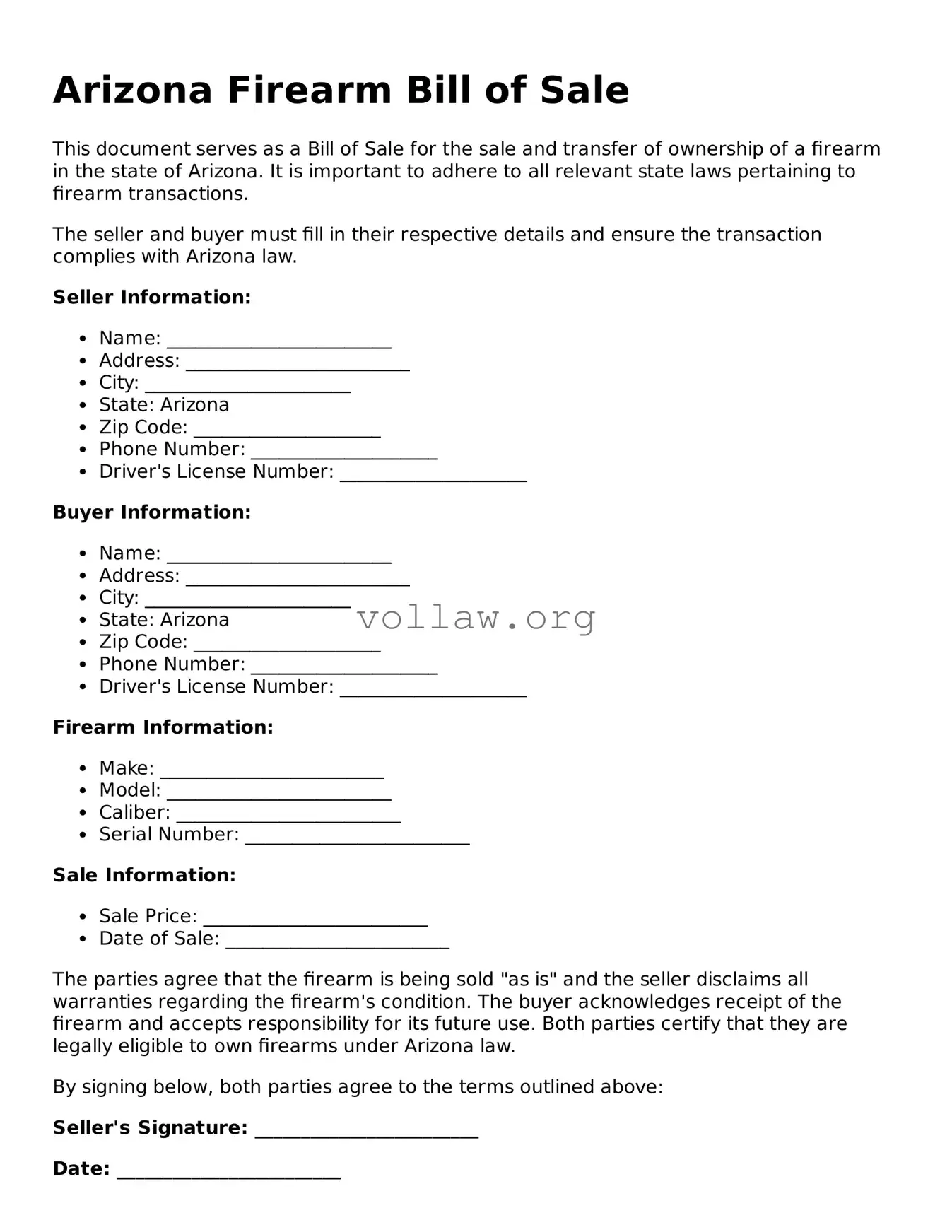 Attorney-Verified  Firearm Bill of Sale Form for Arizona