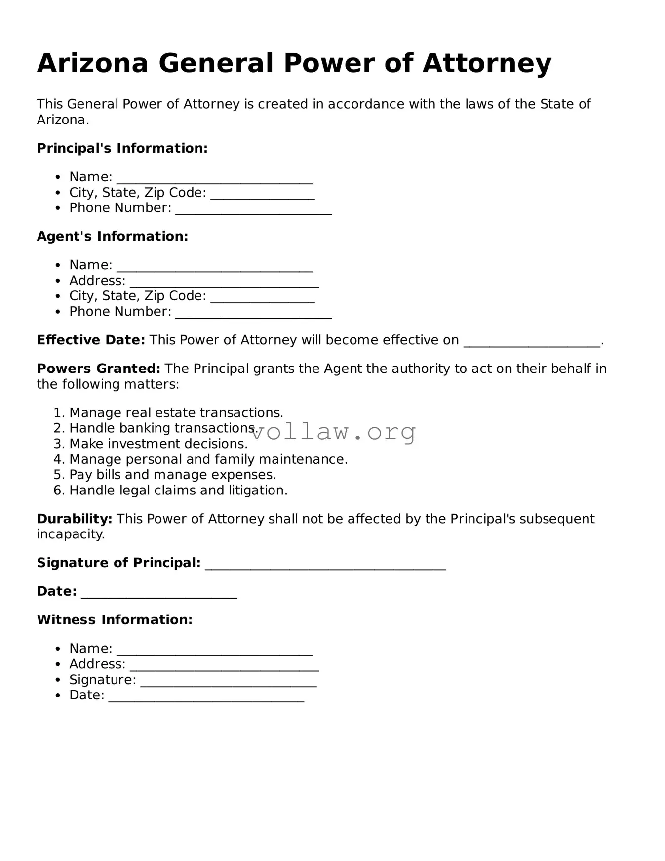 Attorney-Verified  General Power of Attorney Form for Arizona