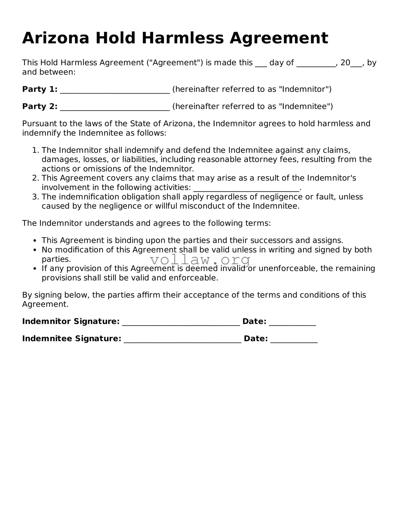 Attorney-Verified  Hold Harmless Agreement Form for Arizona