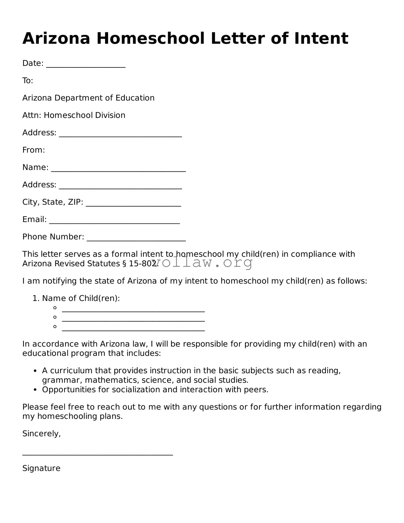 Attorney-Verified  Homeschool Letter of Intent Form for Arizona
