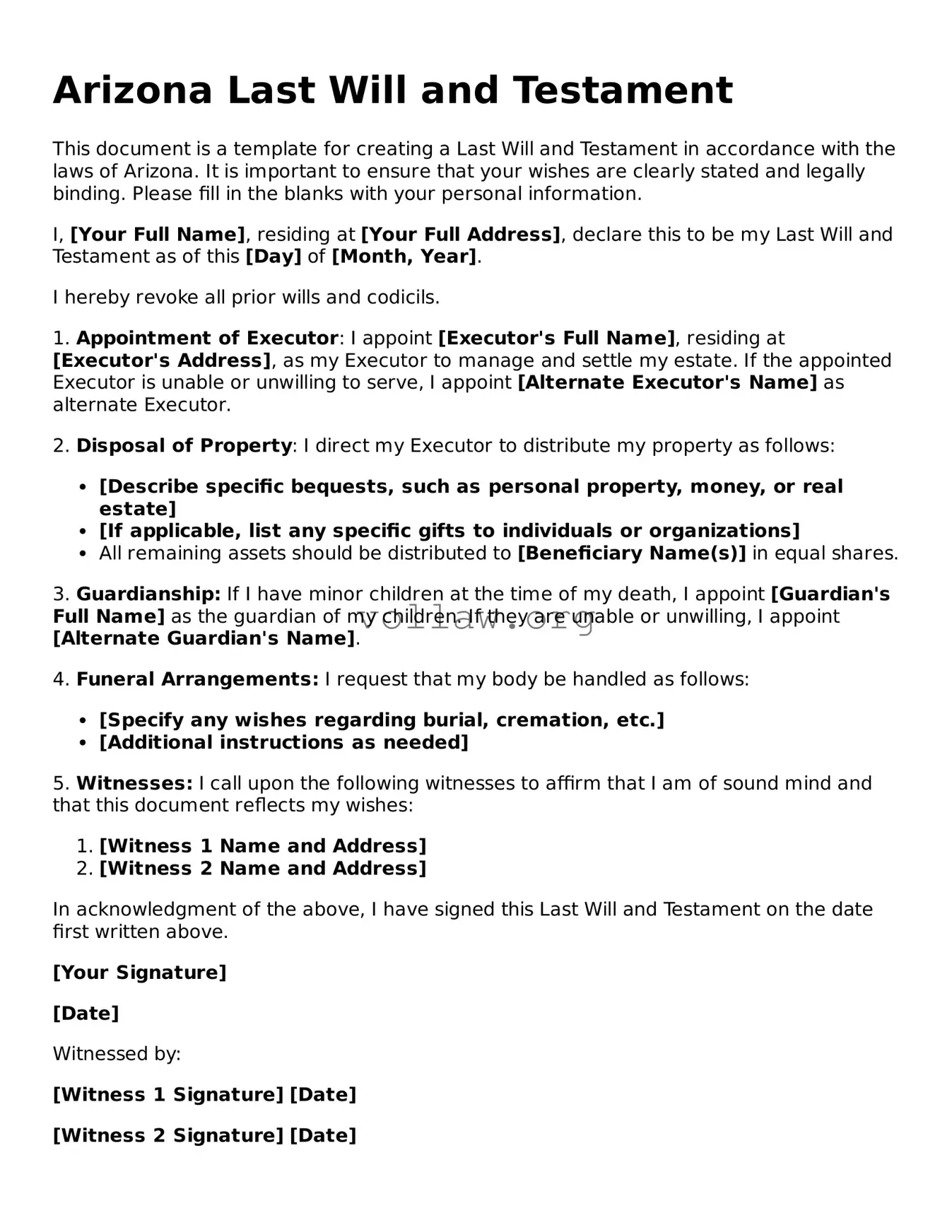Attorney-Verified  Last Will and Testament Form for Arizona
