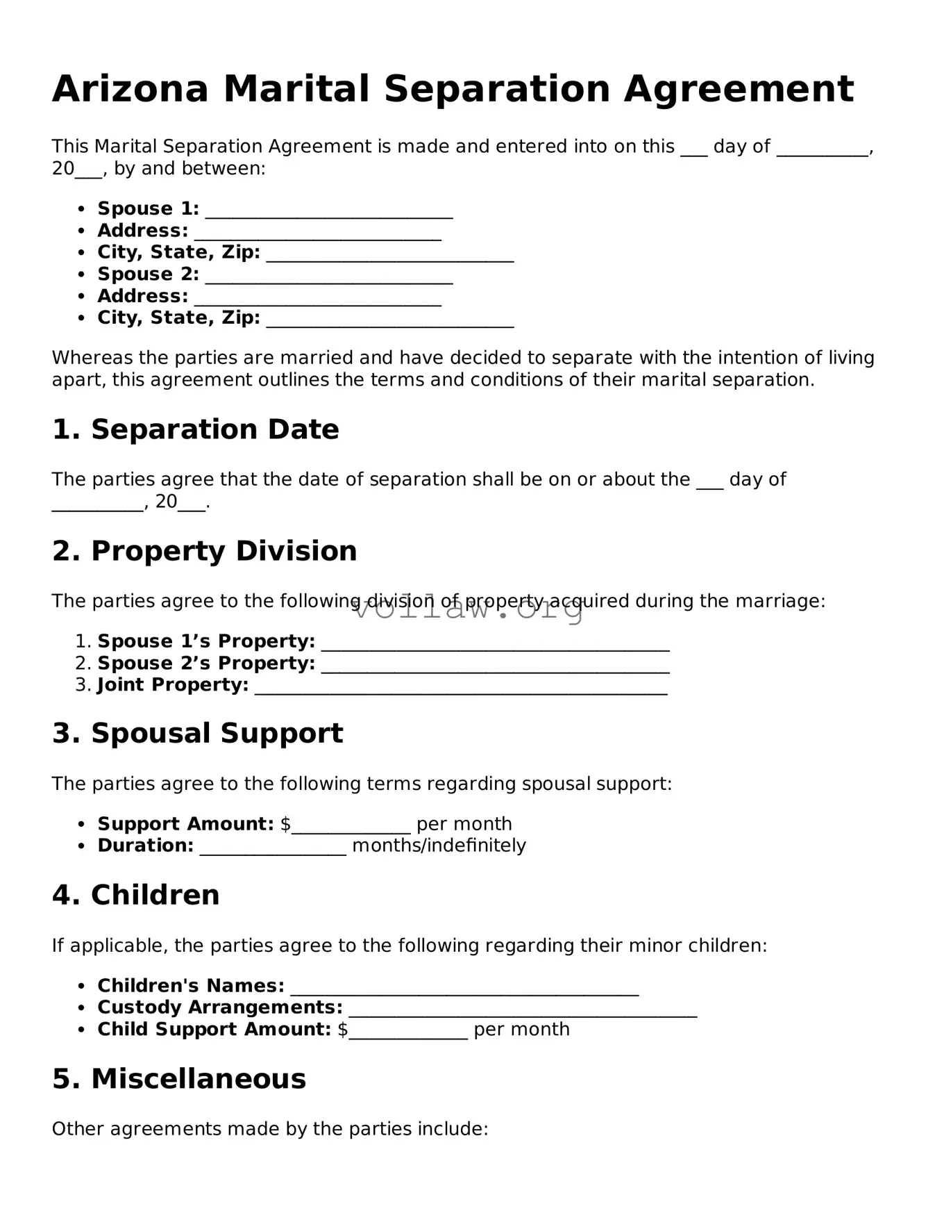 Attorney-Verified  Marital Separation Agreement Form for Arizona