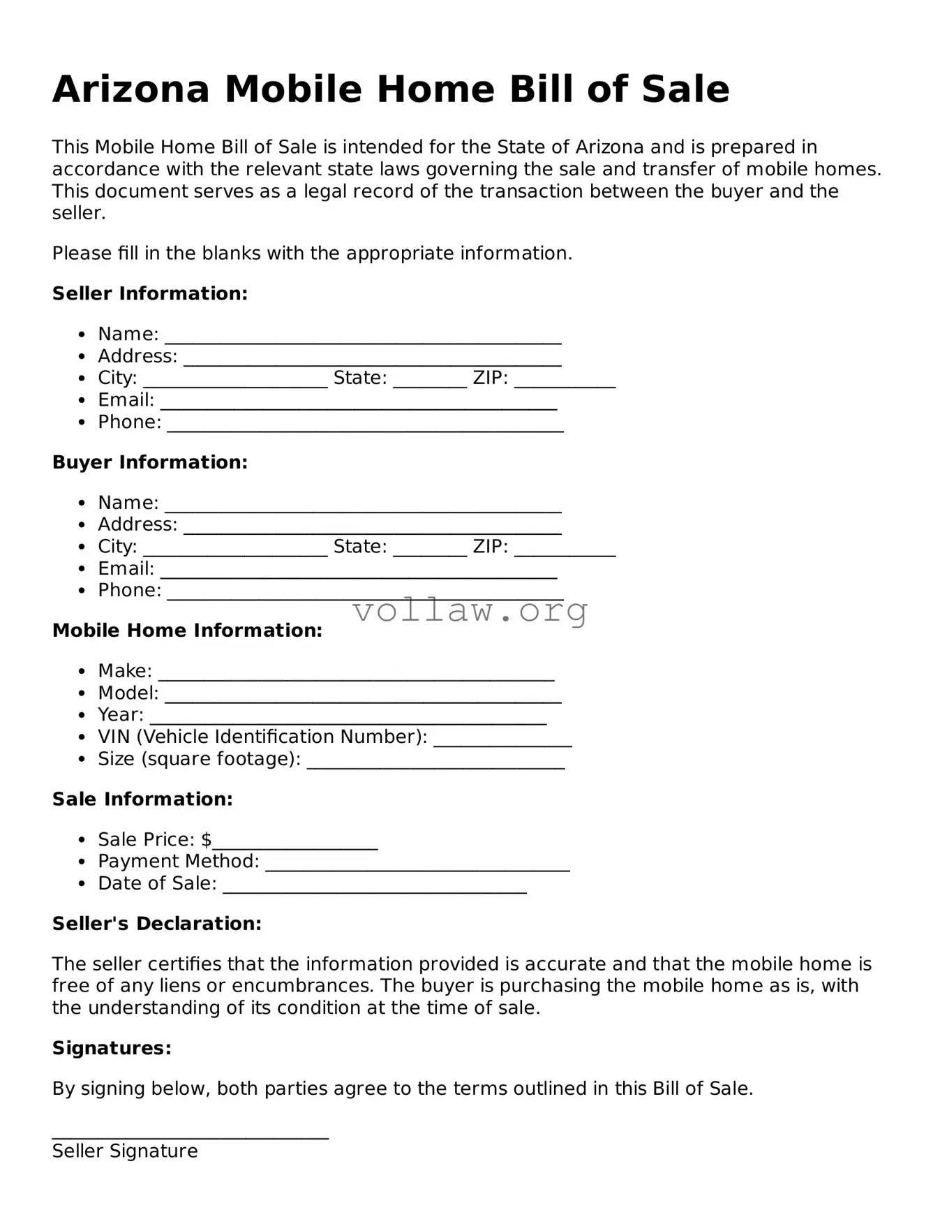 Attorney-Verified  Mobile Home Bill of Sale Form for Arizona
