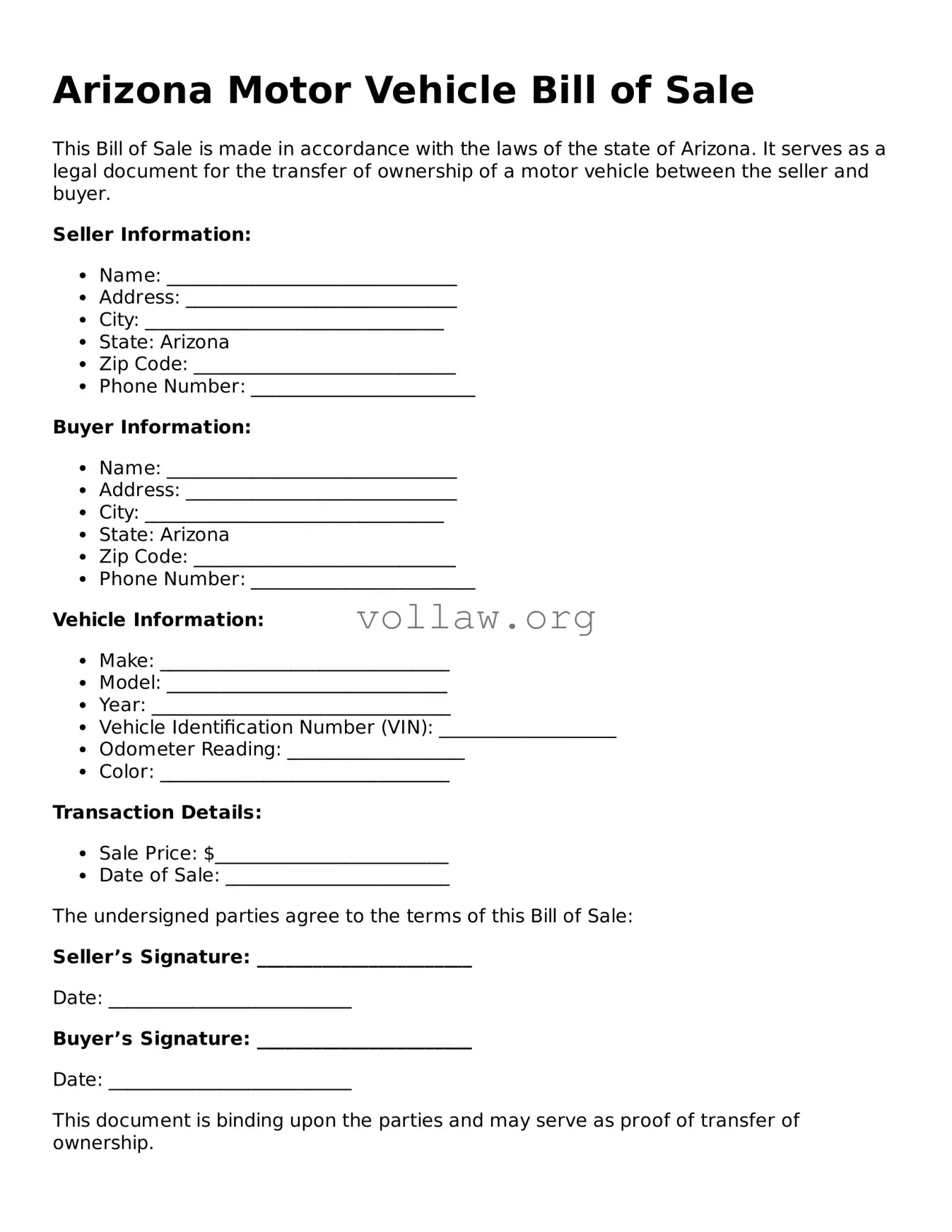 Attorney-Verified  Motor Vehicle Bill of Sale Form for Arizona