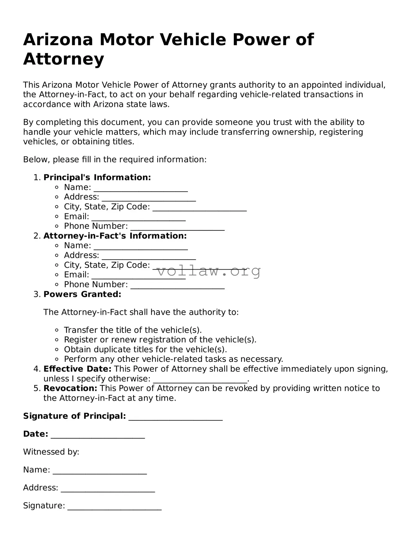 Attorney-Verified  Motor Vehicle Power of Attorney Form for Arizona