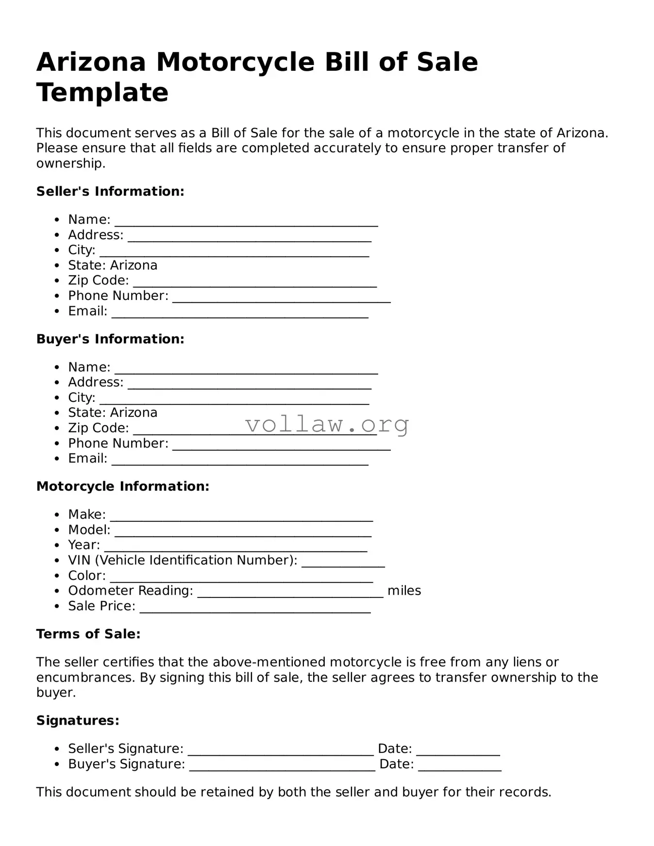 Attorney-Verified  Motorcycle Bill of Sale Form for Arizona