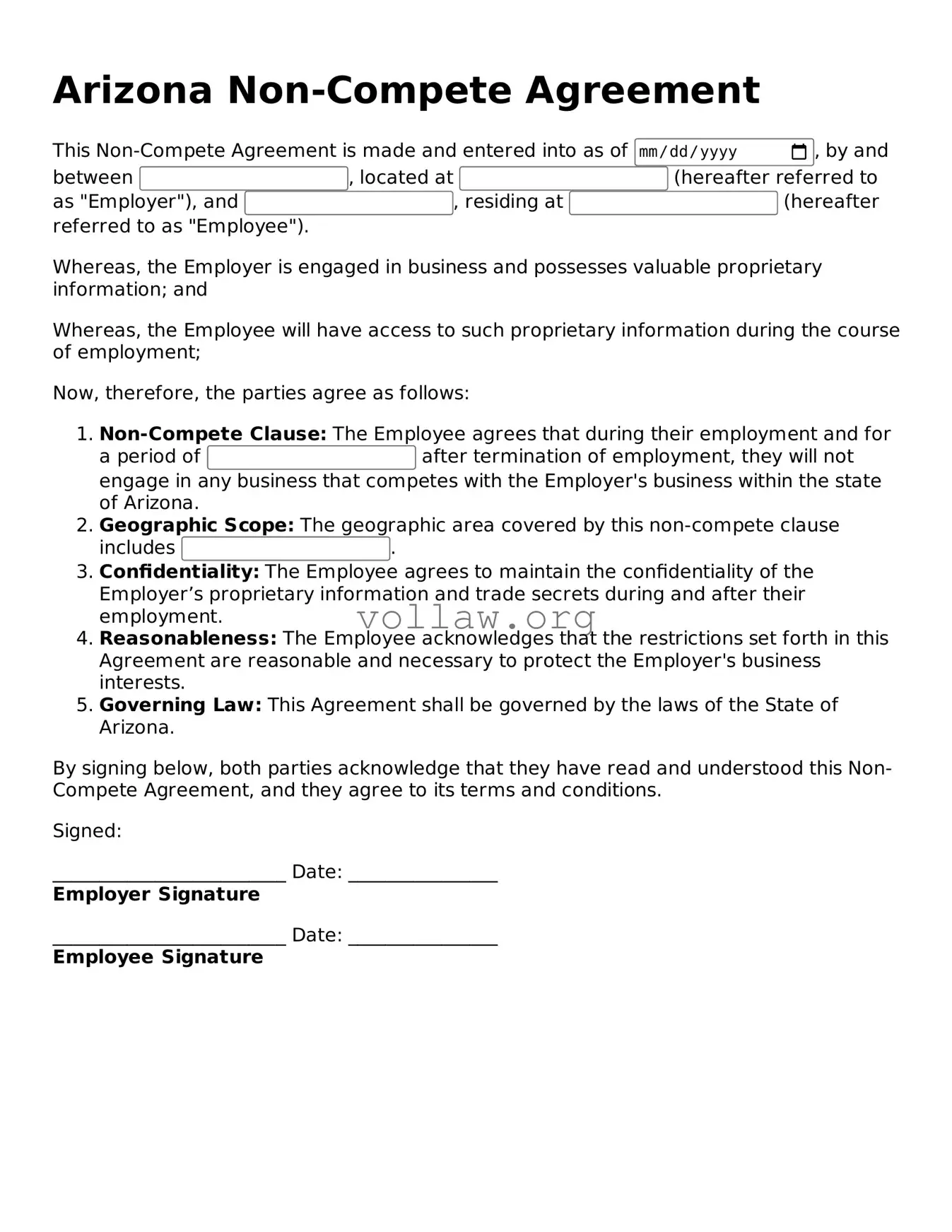 Attorney-Verified  Non-compete Agreement Form for Arizona