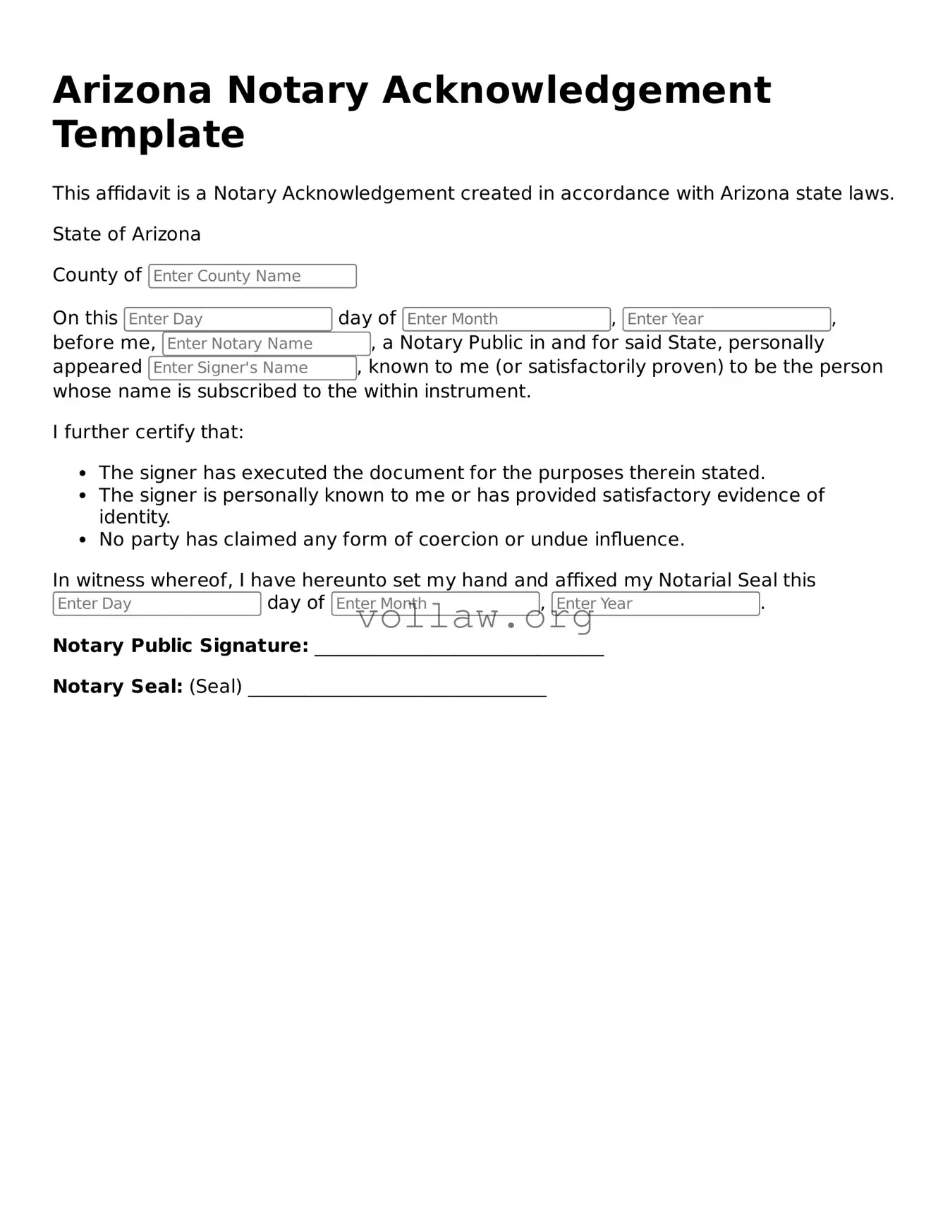 Attorney-Verified  Notary Acknowledgement Form for Arizona