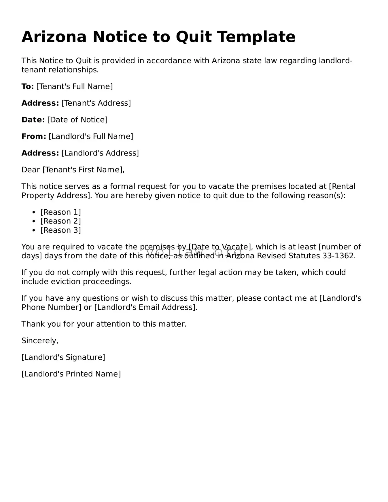 Attorney-Verified  Notice to Quit Form for Arizona