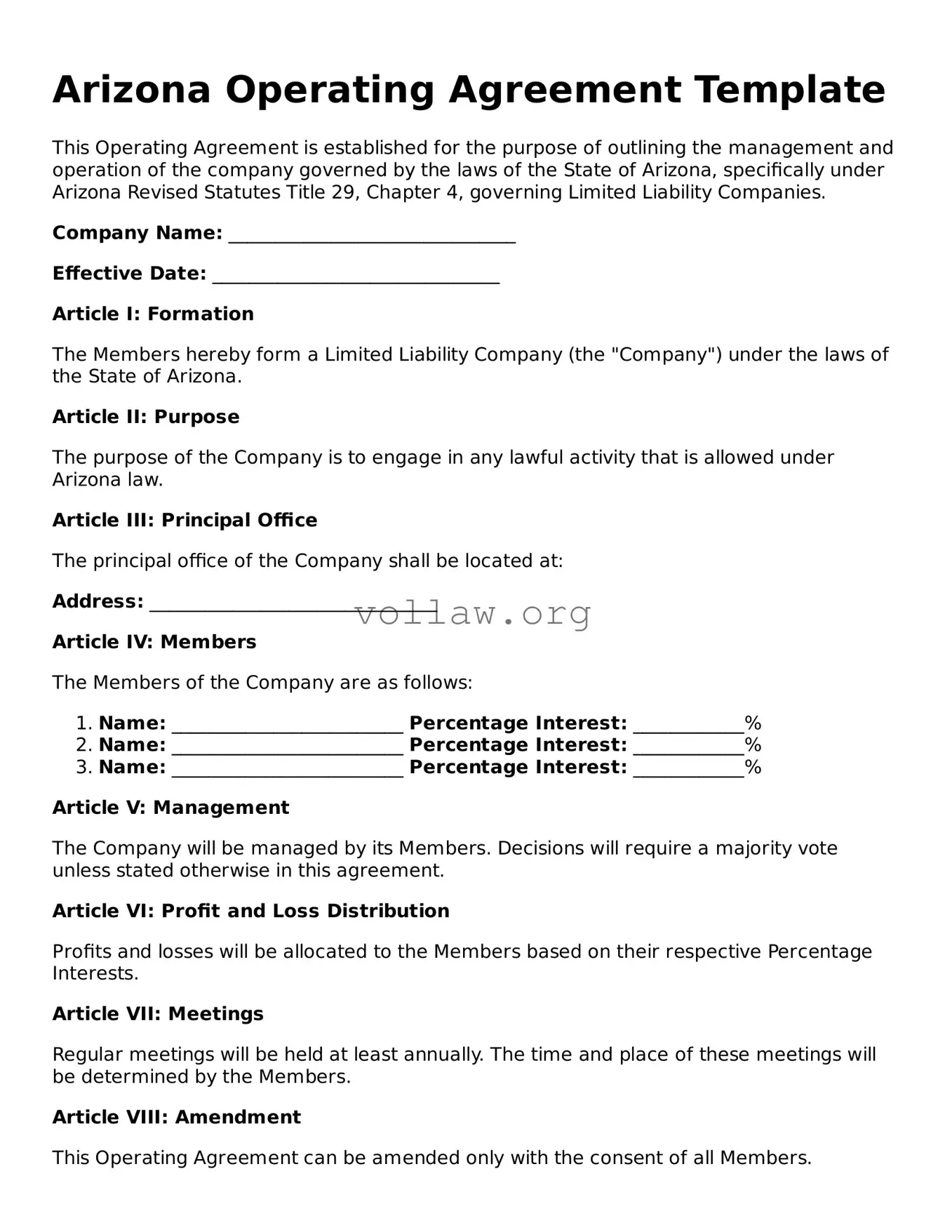 Attorney-Verified  Operating Agreement Form for Arizona