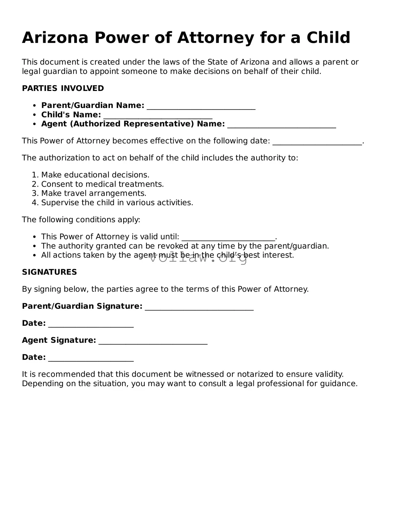 Attorney-Verified  Power of Attorney for a Child Form for Arizona