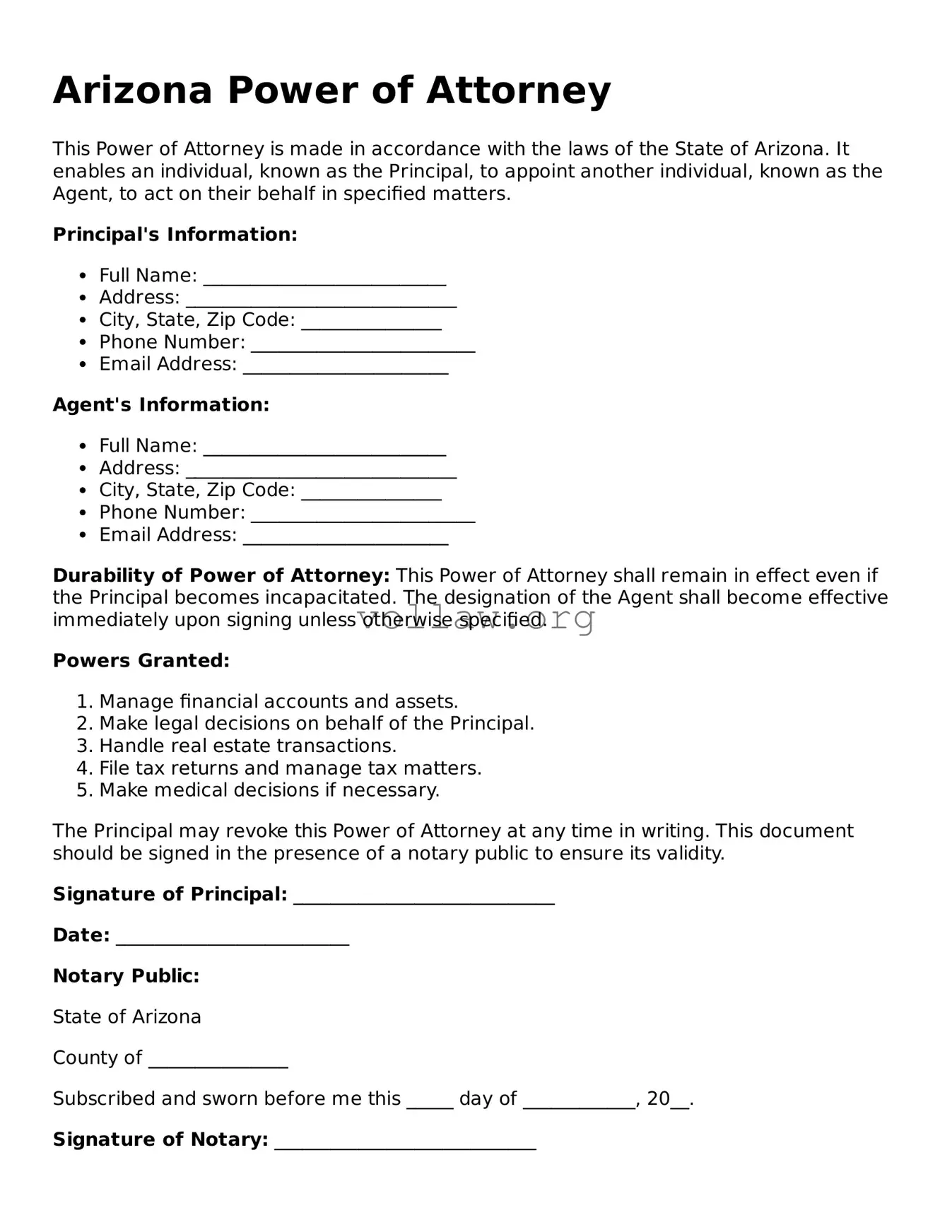 Attorney-Verified  Power of Attorney Form for Arizona