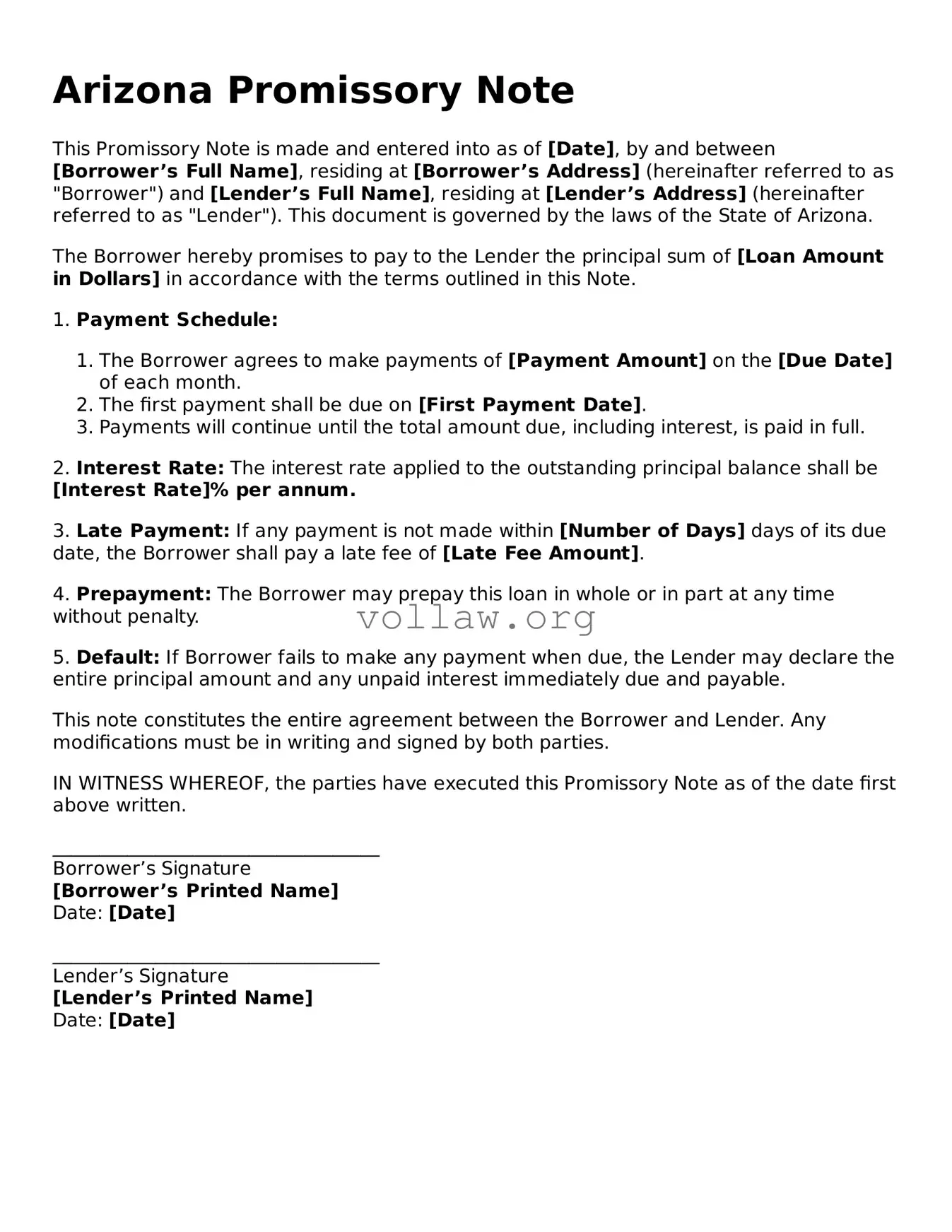 Attorney-Verified  Promissory Note Form for Arizona