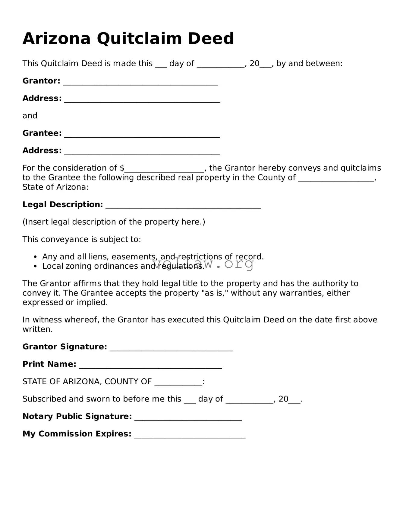 Attorney-Verified  Quitclaim Deed Form for Arizona