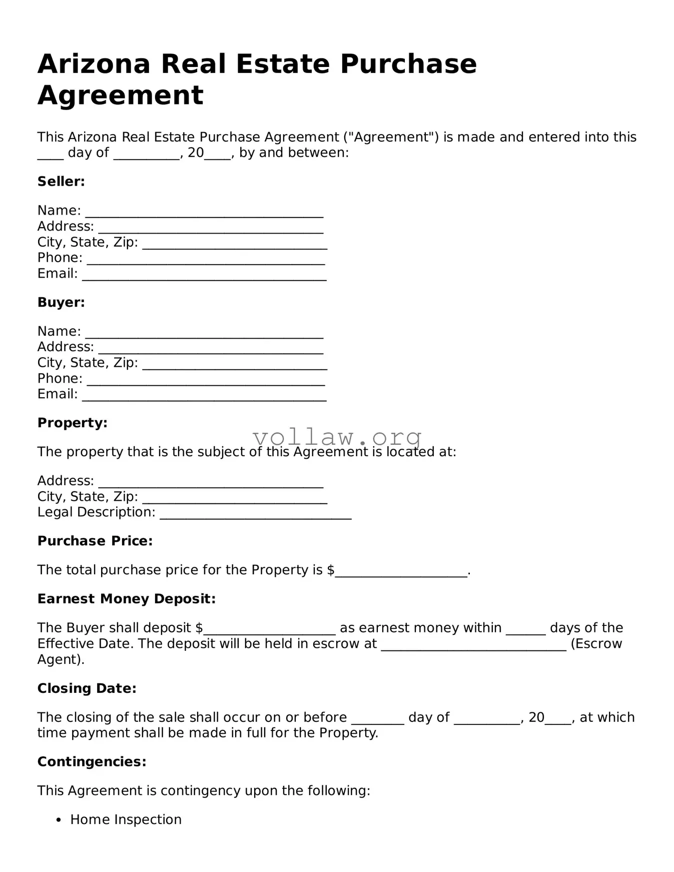 Attorney-Verified  Real Estate Purchase Agreement Form for Arizona