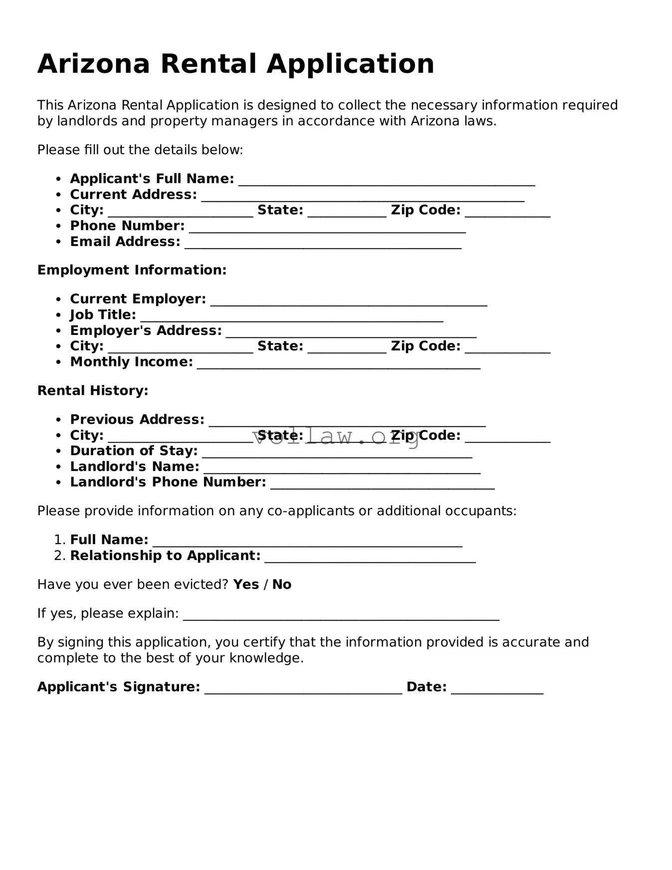 Attorney-Verified  Rental Application Form for Arizona
