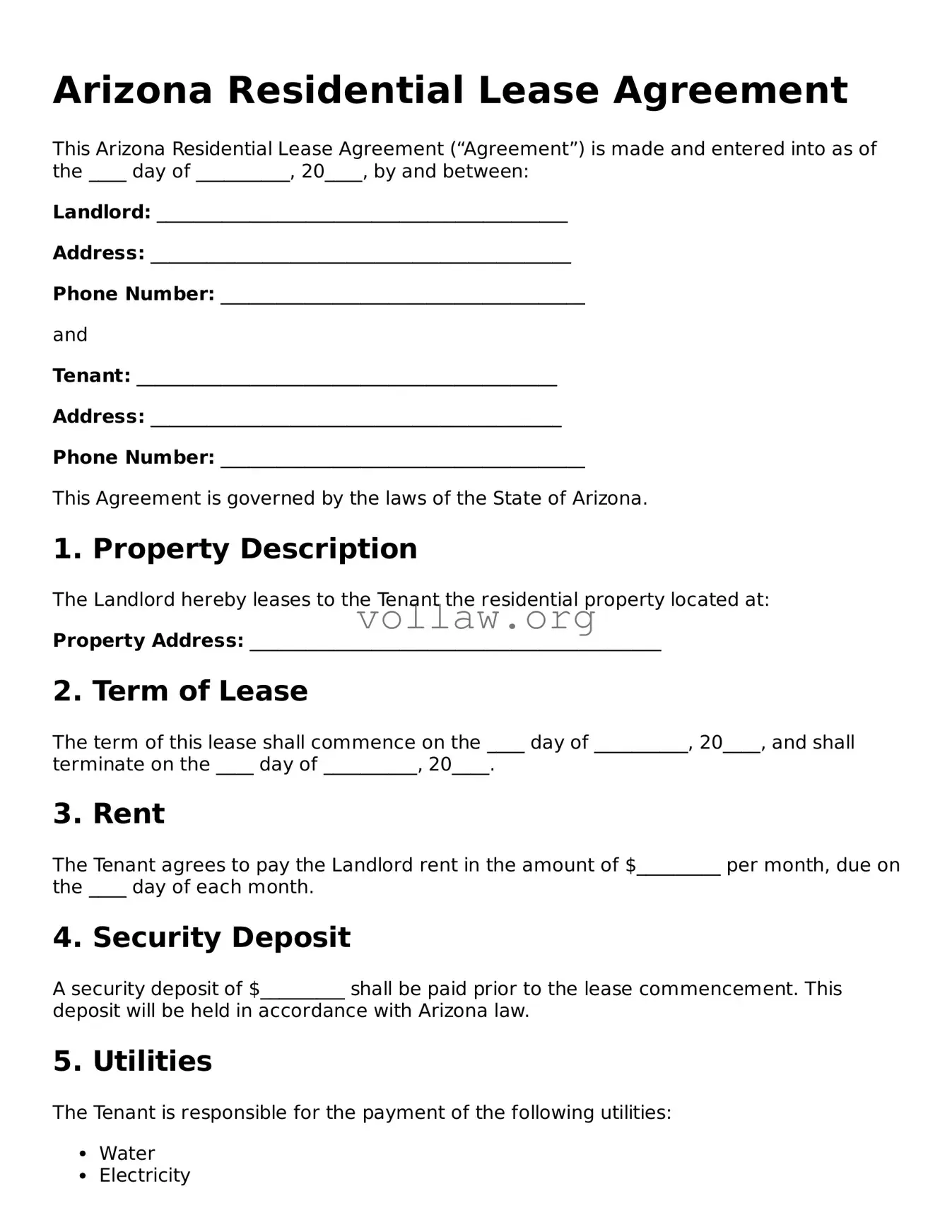 Attorney-Verified  Residential Lease Agreement Form for Arizona