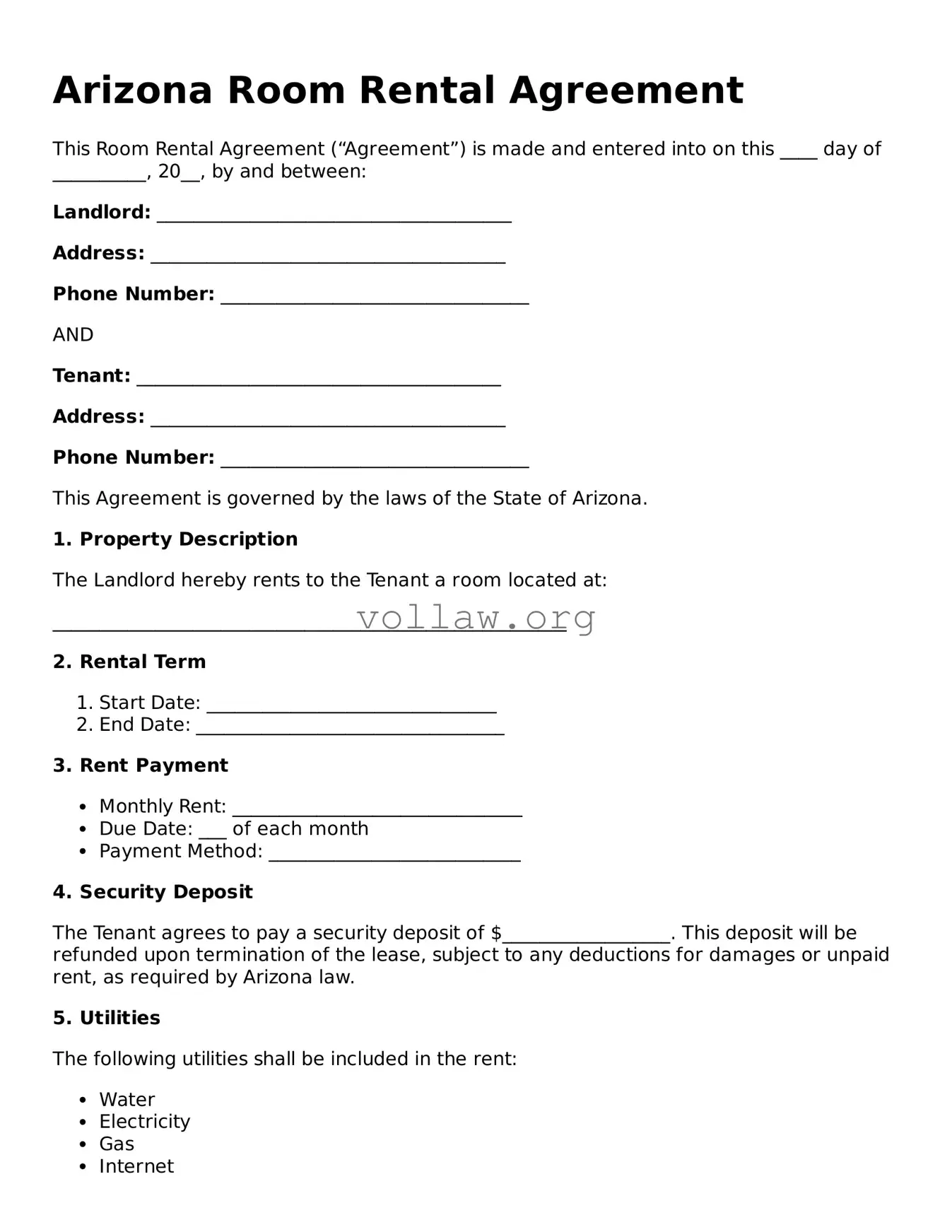Attorney-Verified  Room Rental Agreement Form for Arizona