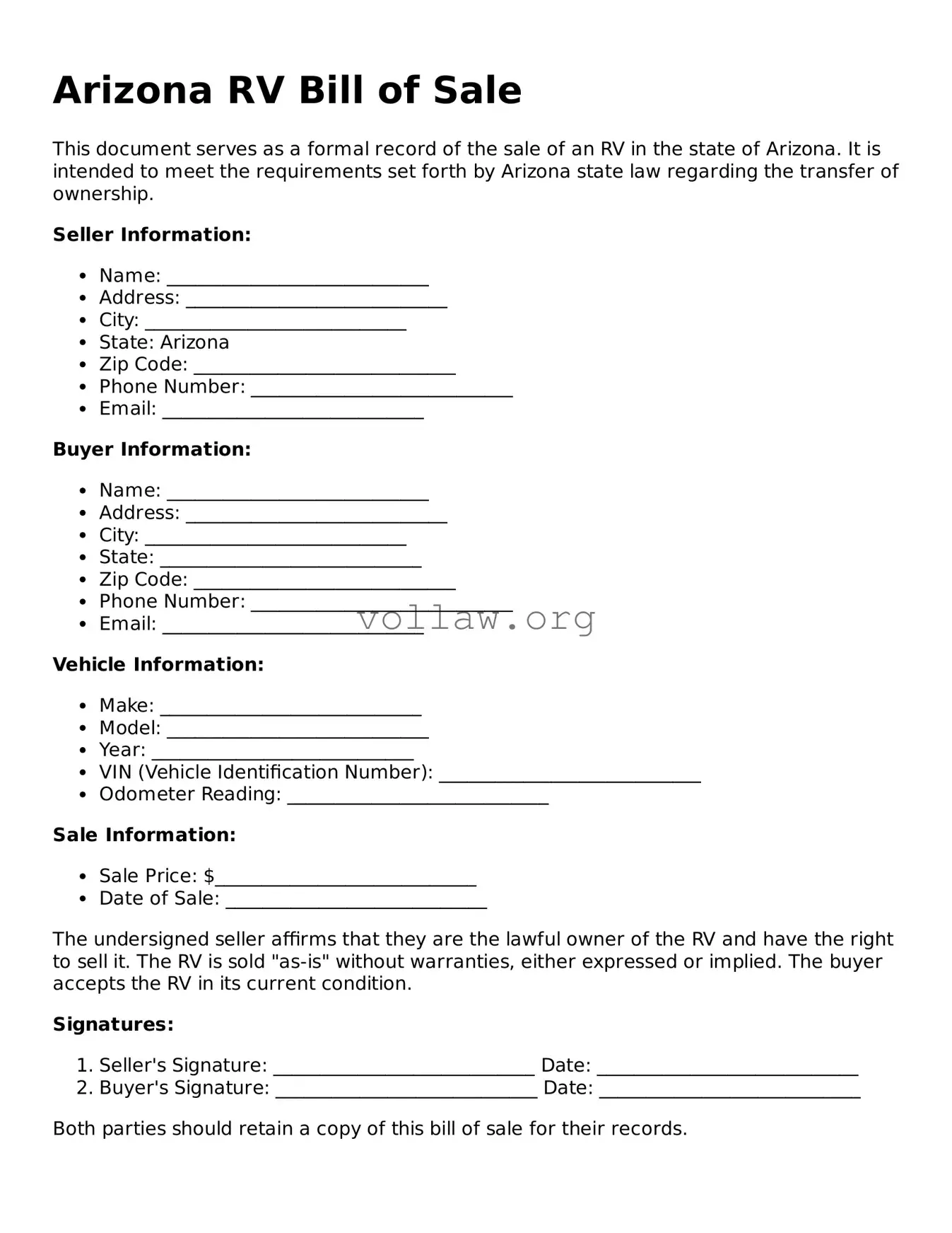 Attorney-Verified  RV Bill of Sale Form for Arizona