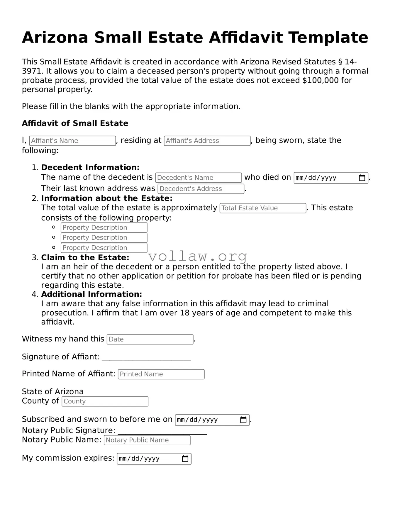 Attorney-Verified  Small Estate Affidavit Form for Arizona