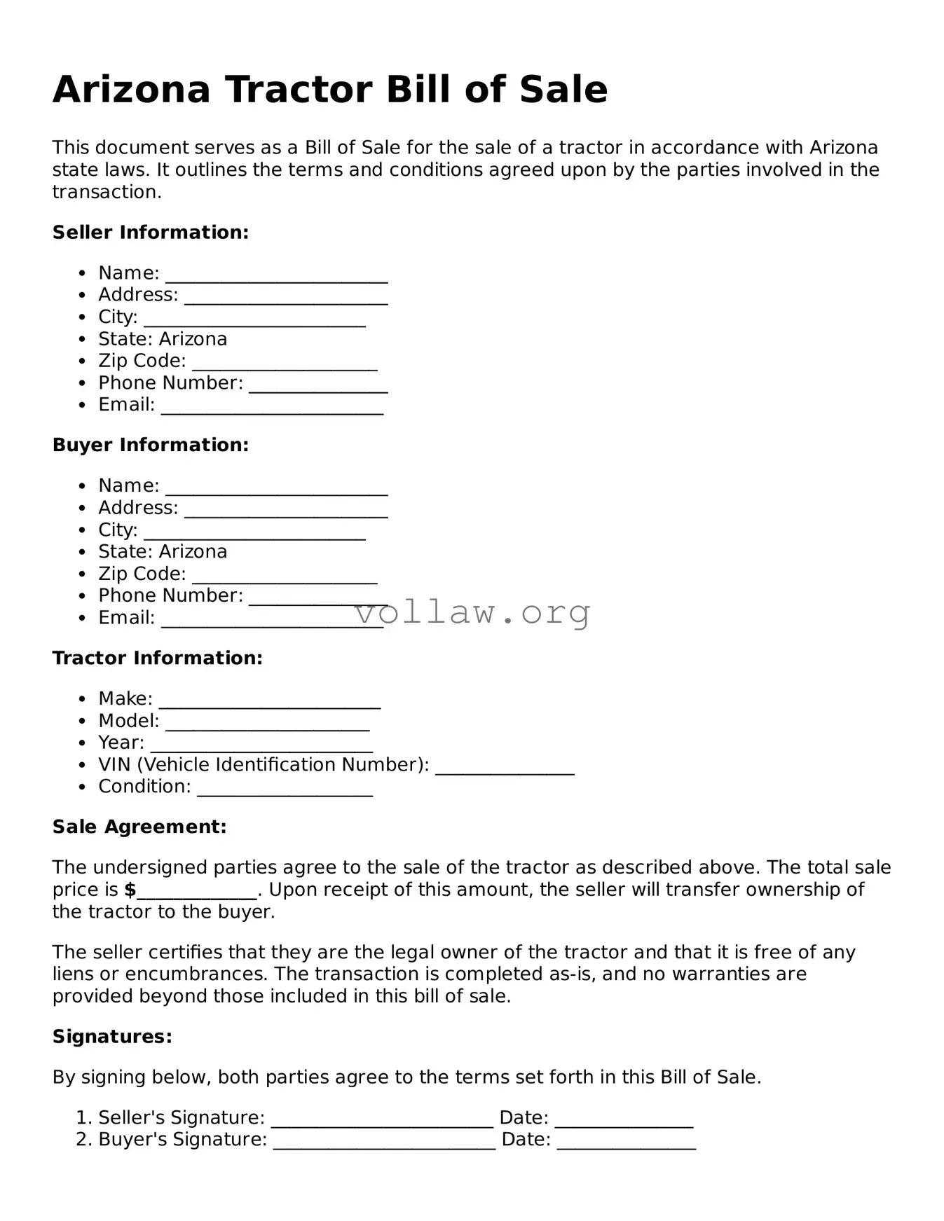Attorney-Verified  Tractor Bill of Sale Form for Arizona