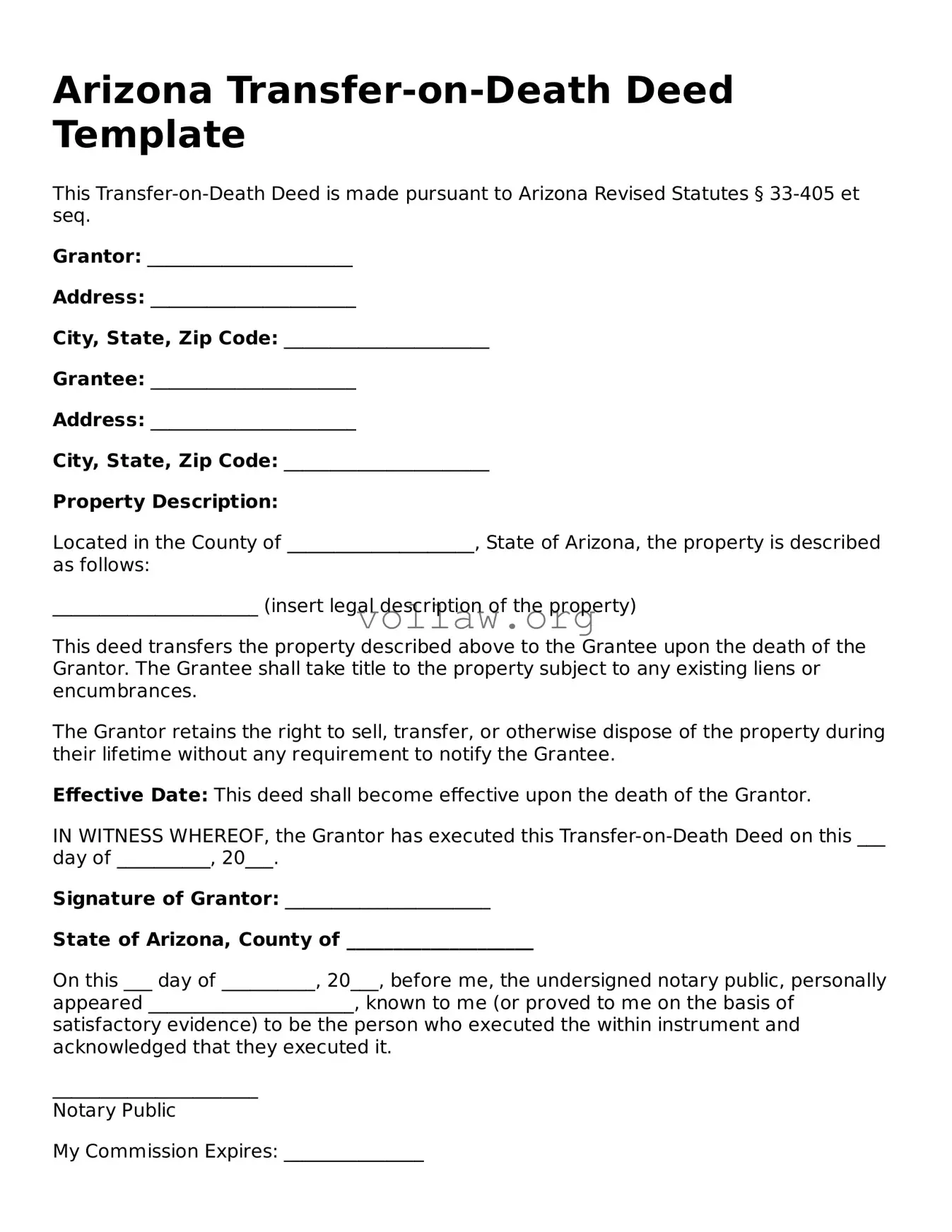 Attorney-Verified  Transfer-on-Death Deed Form for Arizona