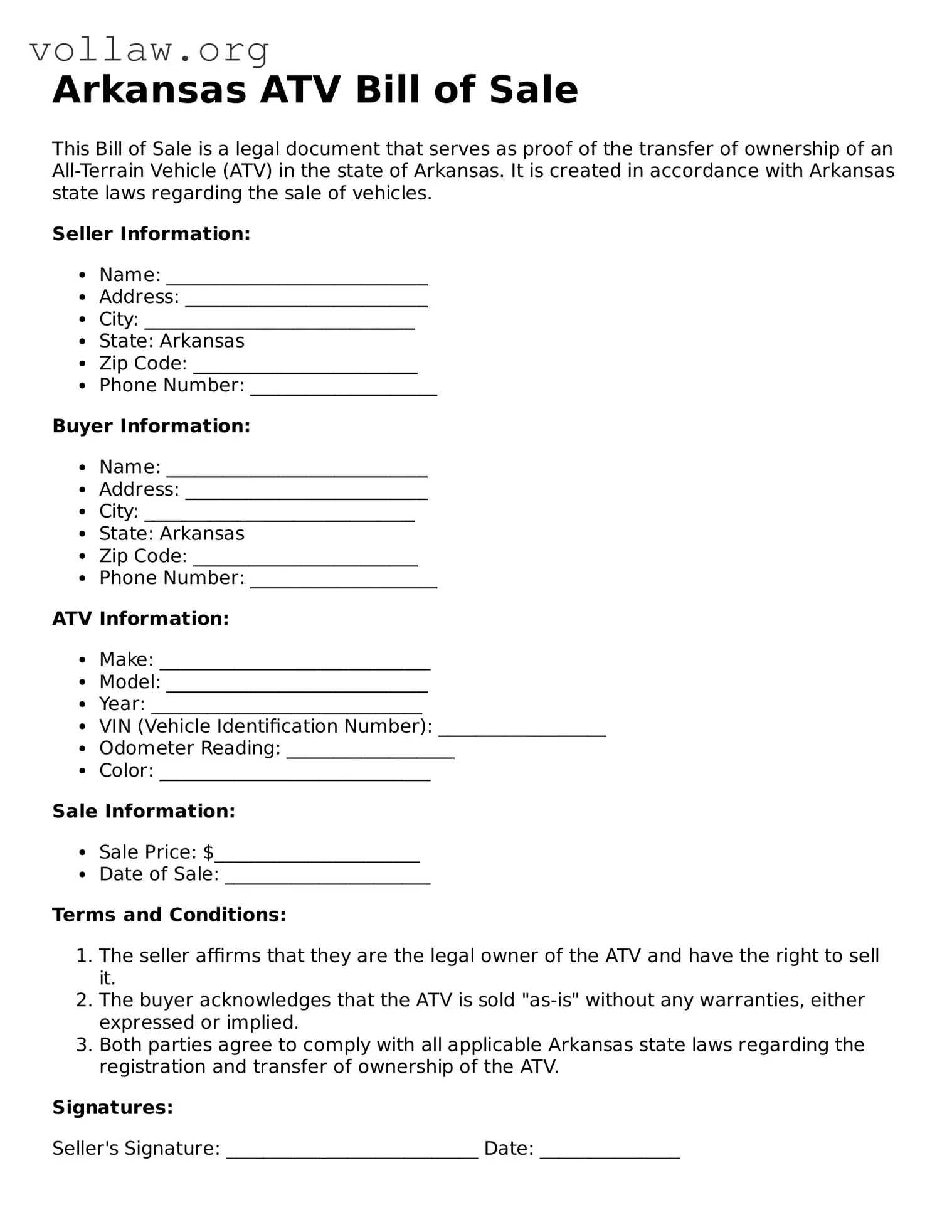 Attorney-Verified  ATV Bill of Sale Form for Arkansas