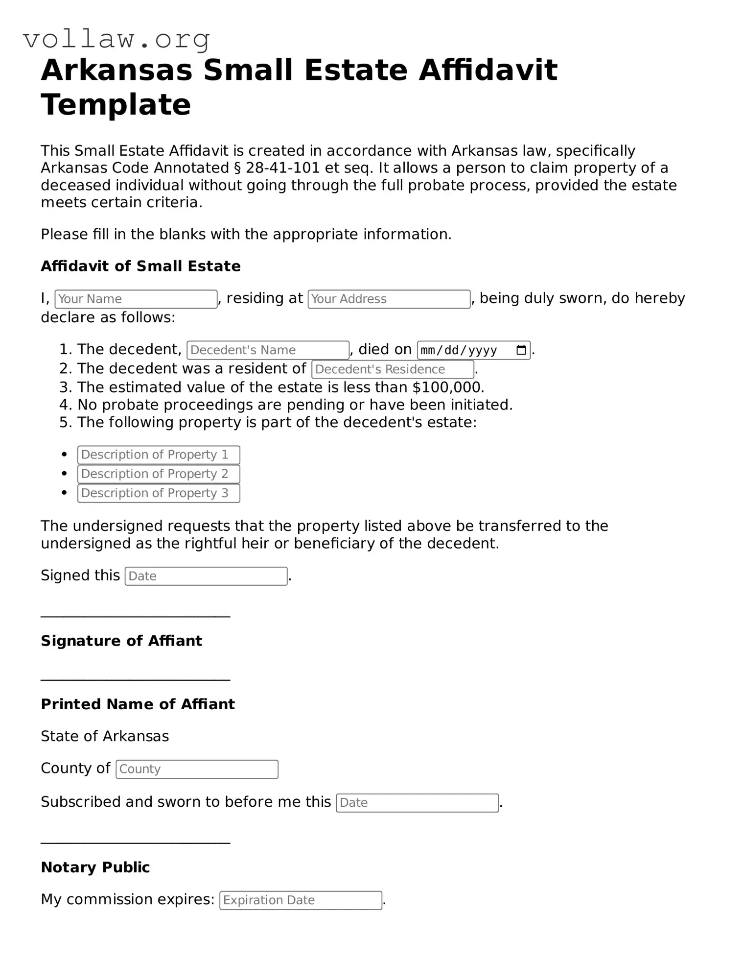 Attorney-Verified  Small Estate Affidavit Form for Arkansas