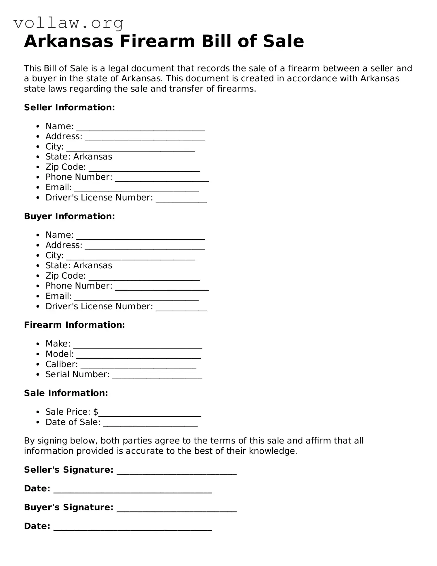Attorney-Verified  Firearm Bill of Sale Form for Arkansas