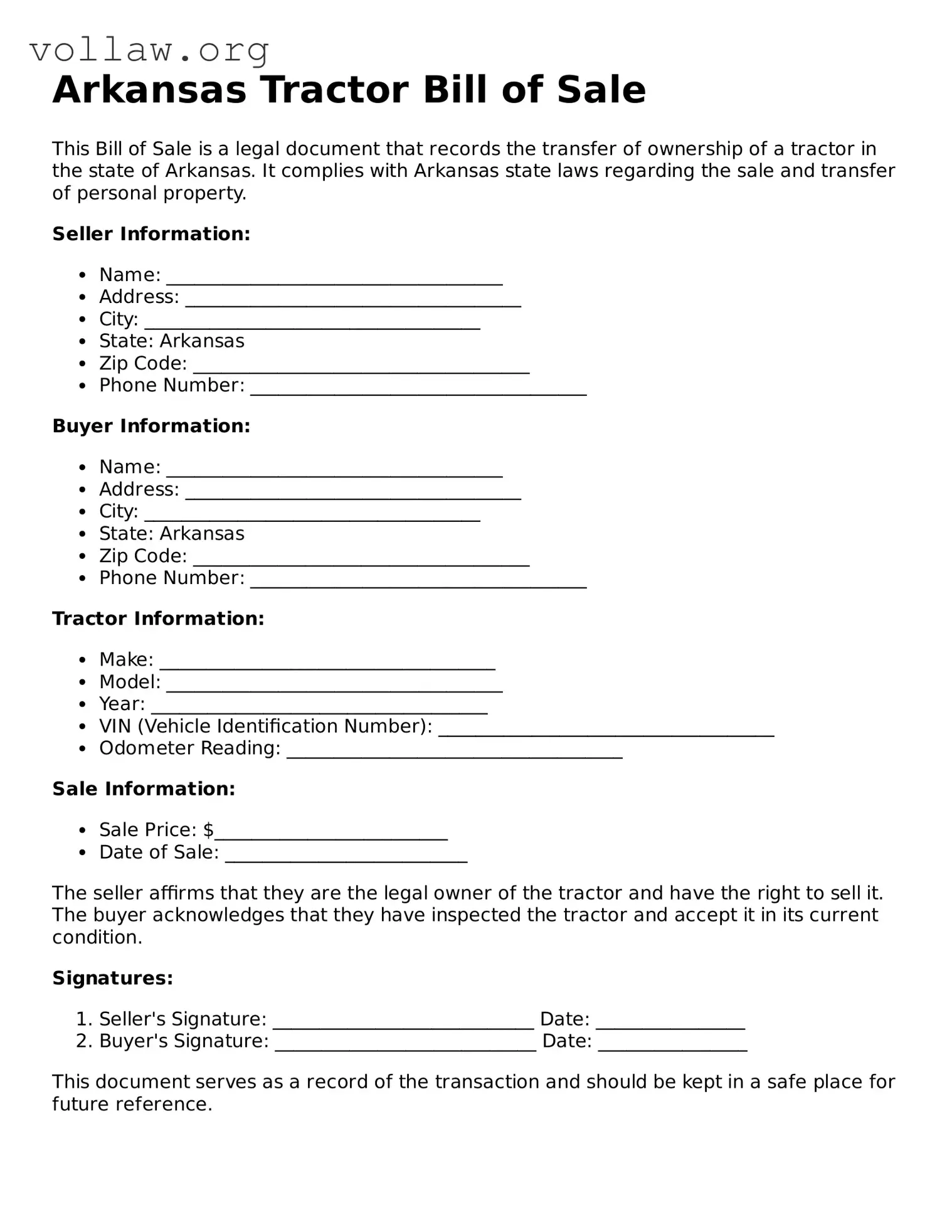 Attorney-Verified  Tractor Bill of Sale Form for Arkansas