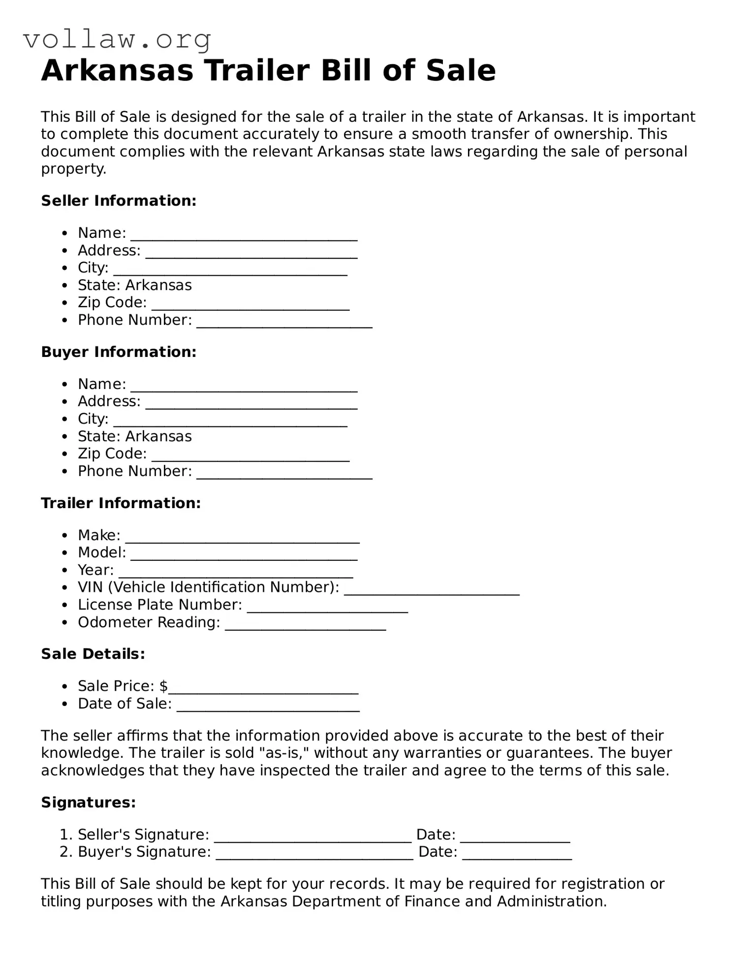 Attorney-Verified  Trailer Bill of Sale Form for Arkansas