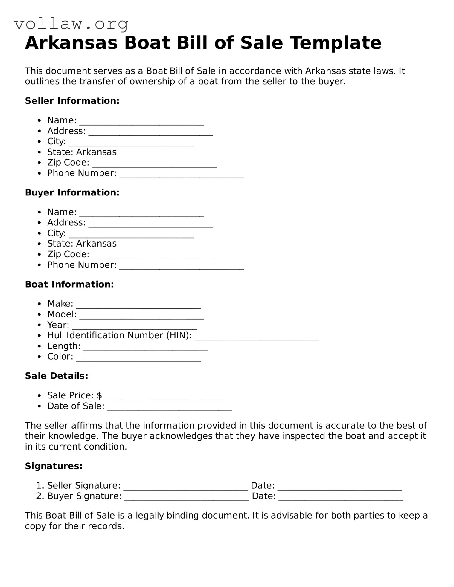 Attorney-Verified  Boat Bill of Sale Form for Arkansas