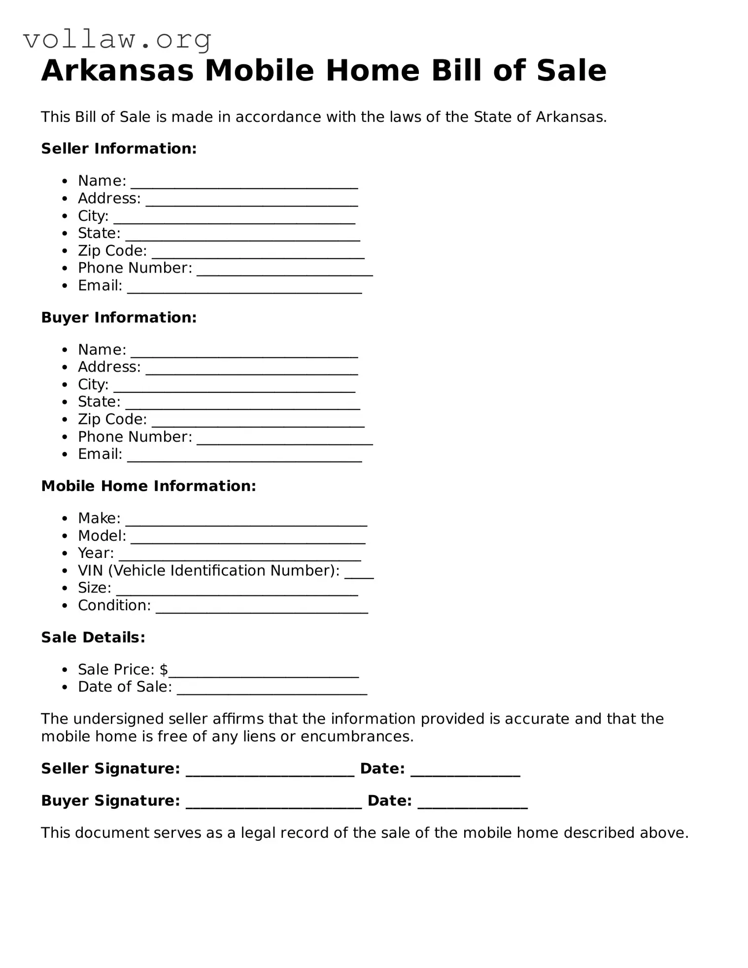 Attorney-Verified  Mobile Home Bill of Sale Form for Arkansas