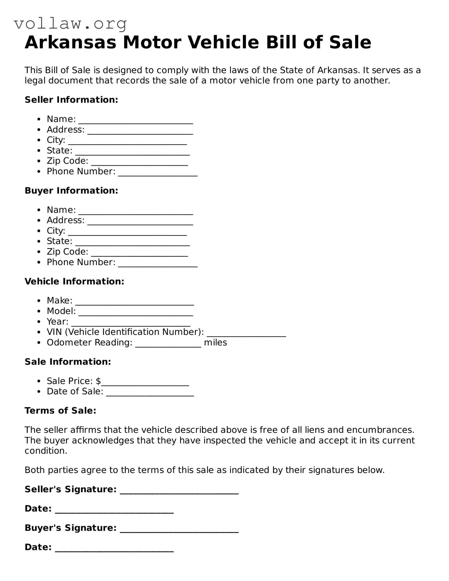 Attorney-Verified  Motor Vehicle Bill of Sale Form for Arkansas