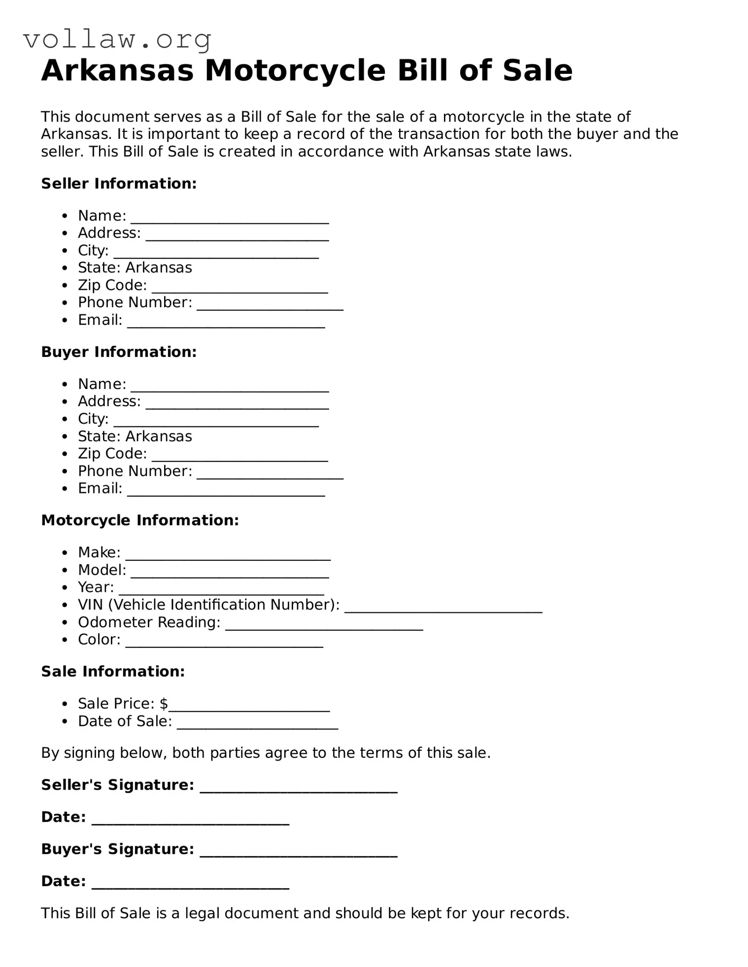 Attorney-Verified  Motorcycle Bill of Sale Form for Arkansas