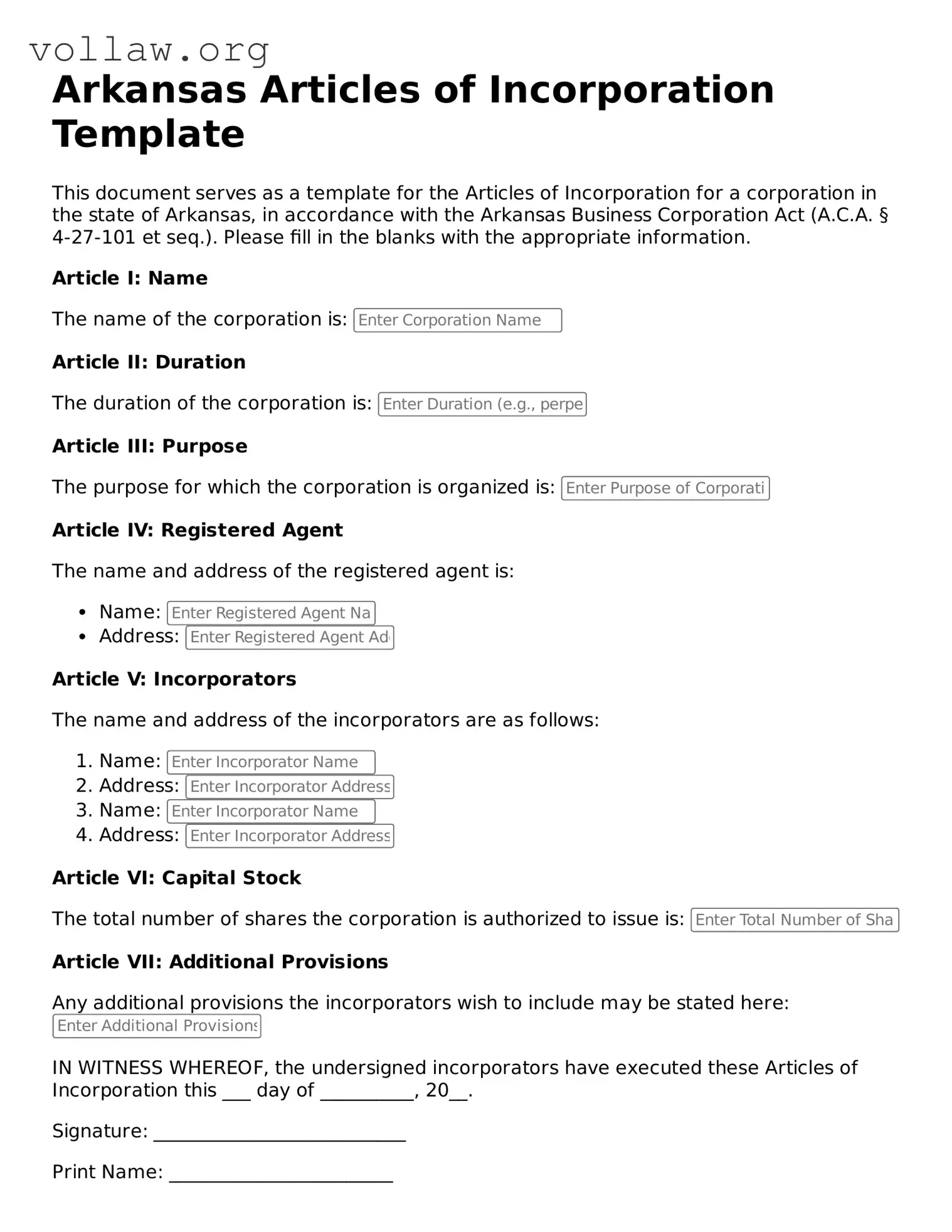 Attorney-Verified  Articles of Incorporation Form for Arkansas