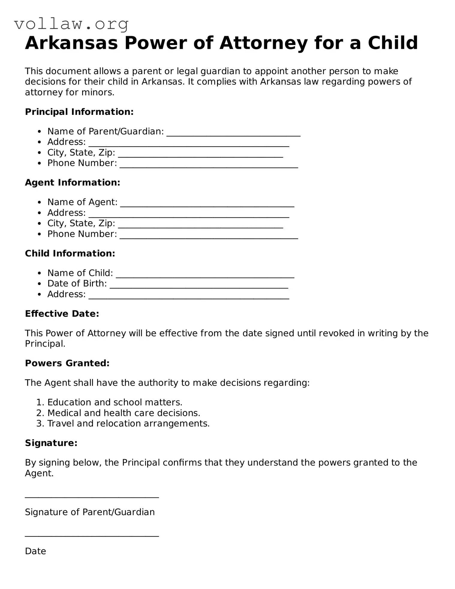 Attorney-Verified  Power of Attorney for a Child Form for Arkansas