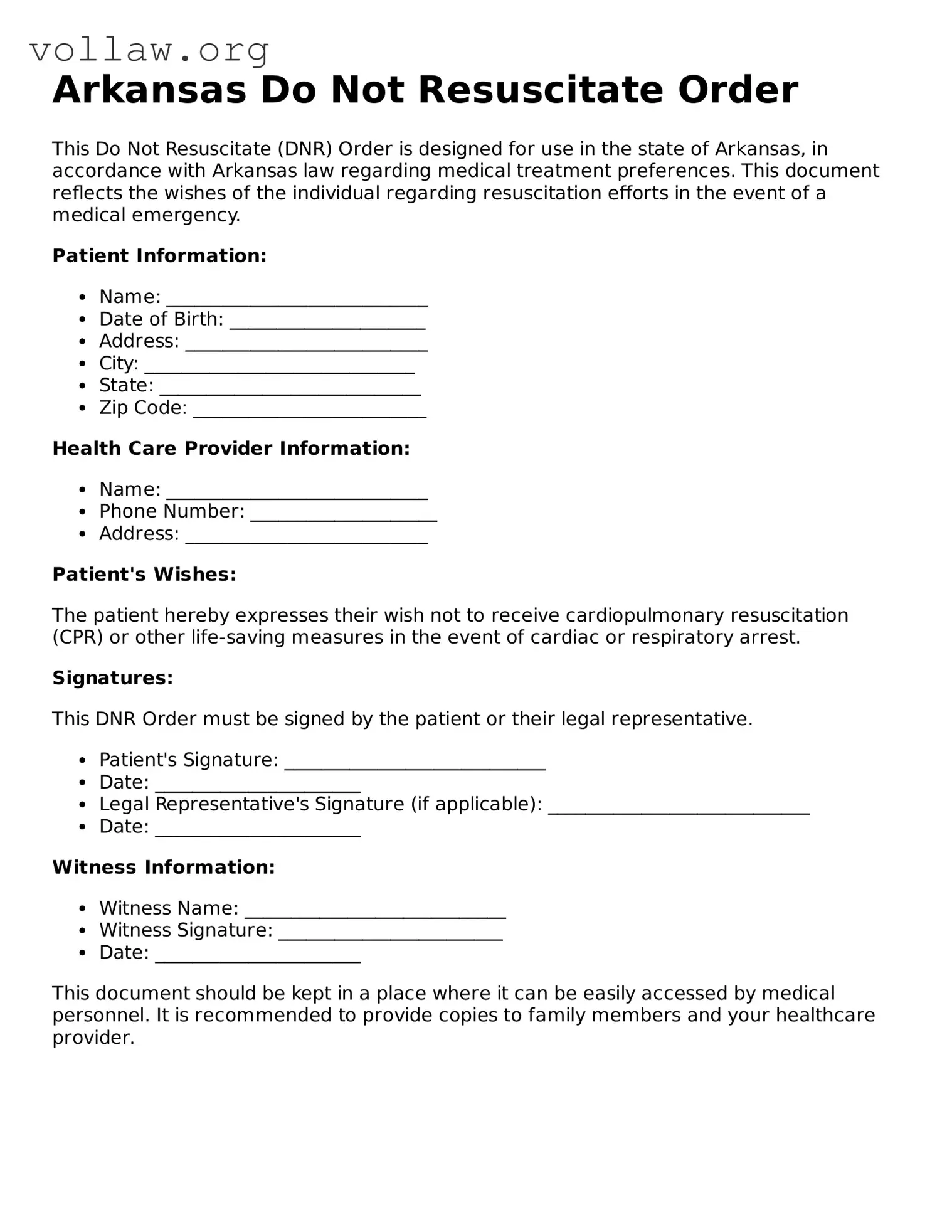 Attorney-Verified  Do Not Resuscitate Order Form for Arkansas